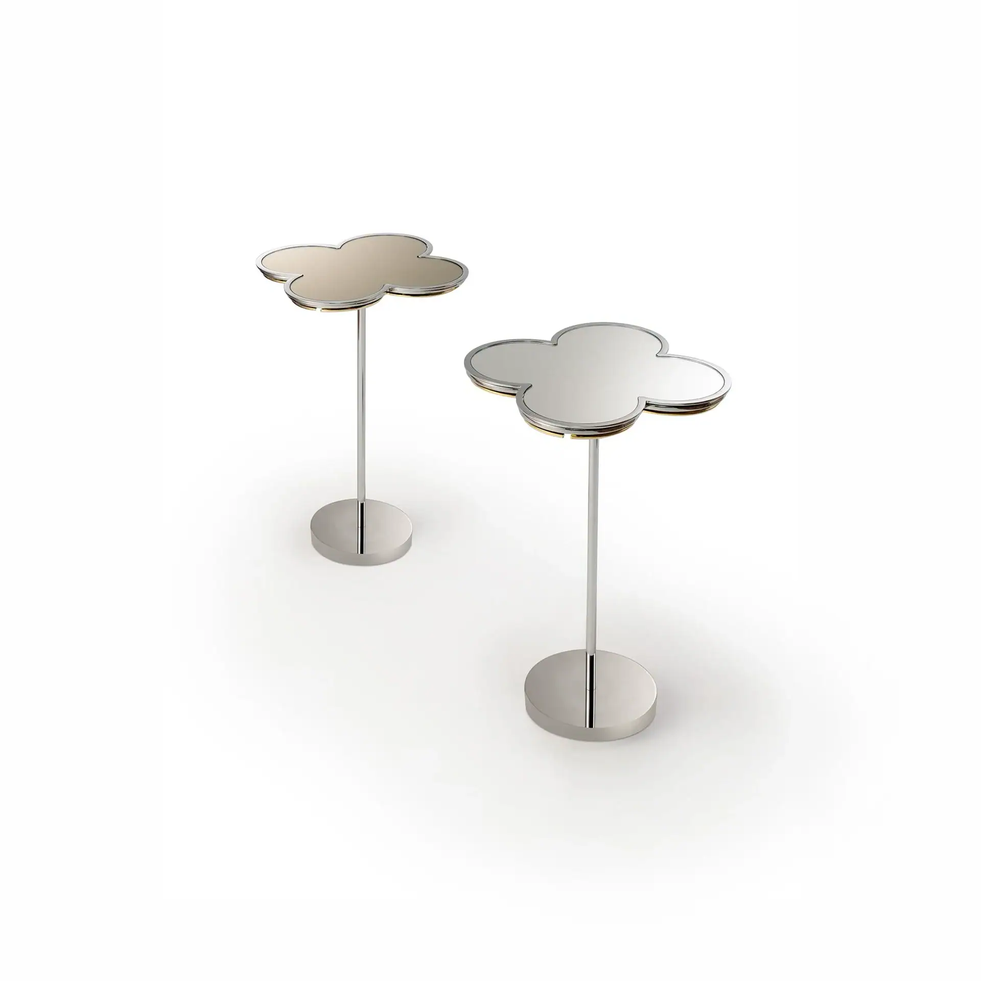 Two cloud-shaped side tables with mirrored tops and chrome bases on a white background. One top is champagne-colored, the other silver.