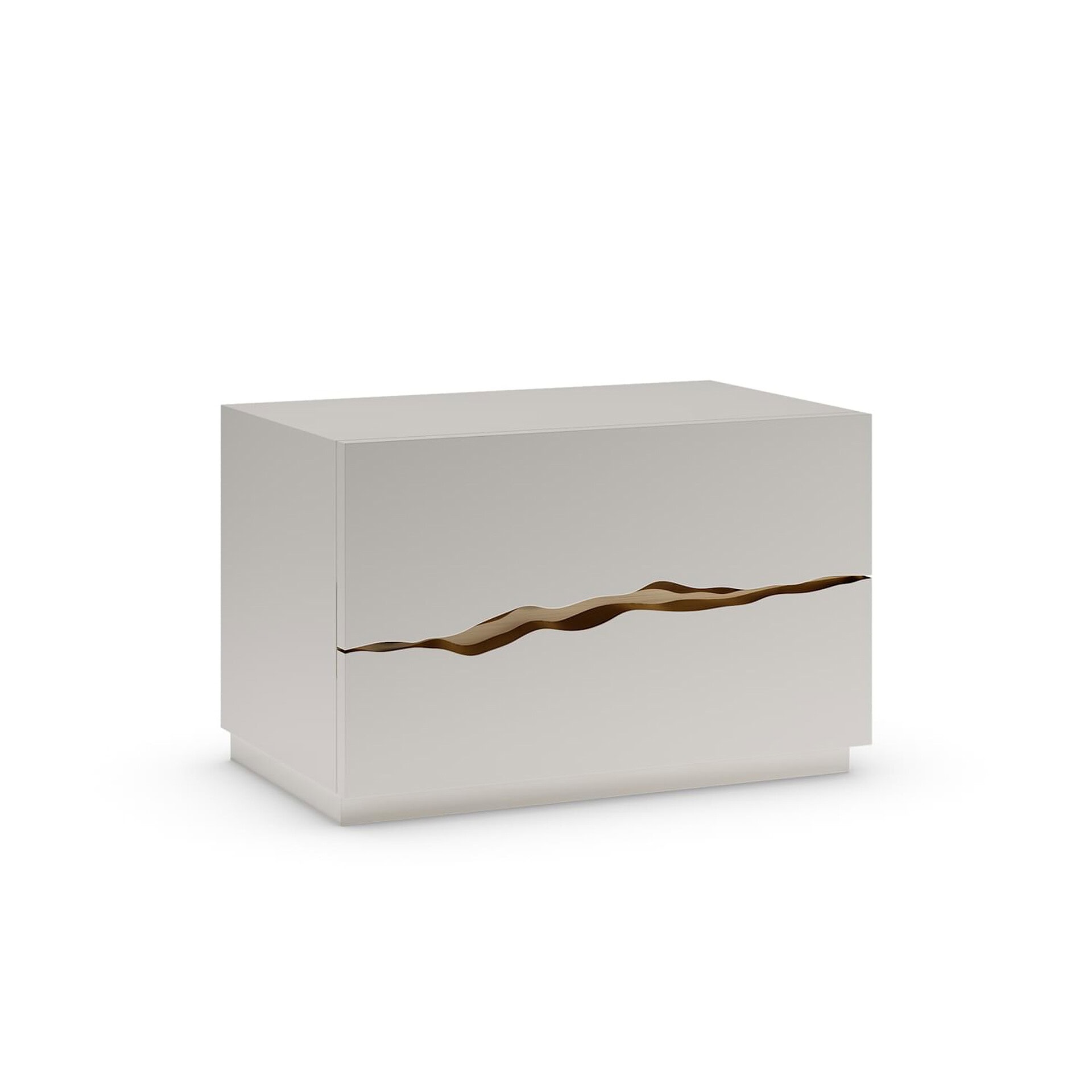 A modern, light-colored cabinet or nightstand with a unique horizontal wavy handle in brown and gold tones across its front.
