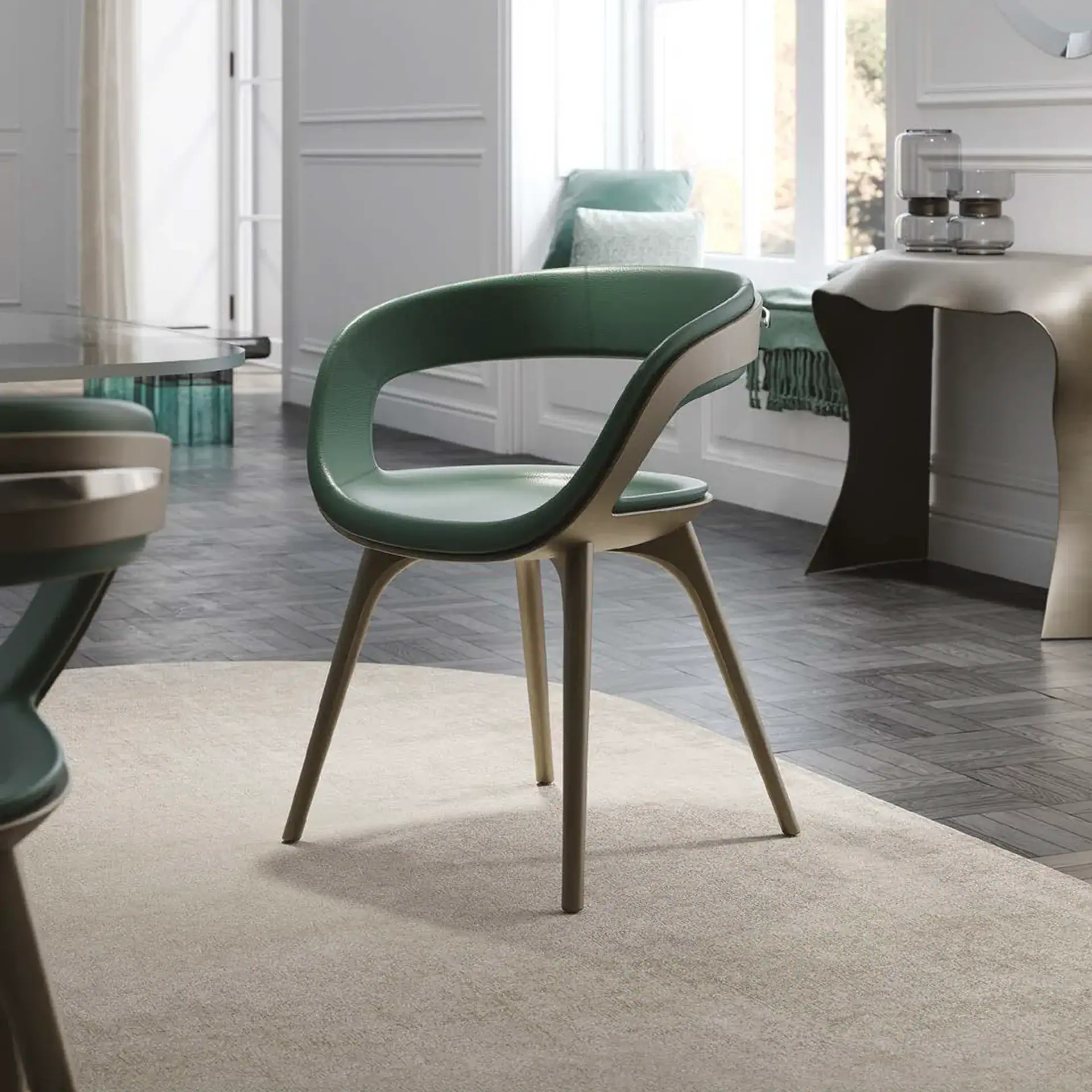 Modern Nido dining armchair with sleek design and wooden legs.