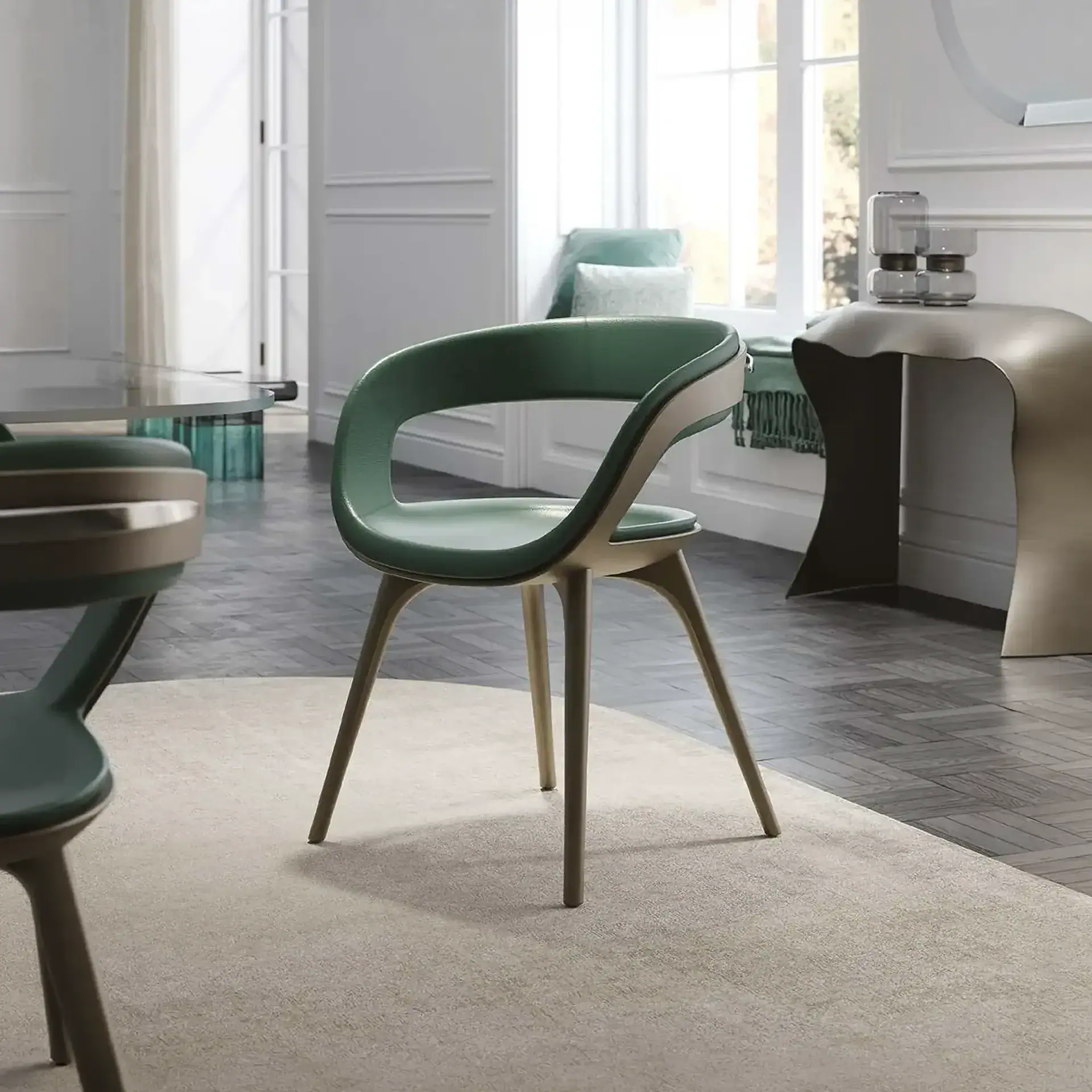 Modern Nido dining armchair with sleek design and wooden legs.
