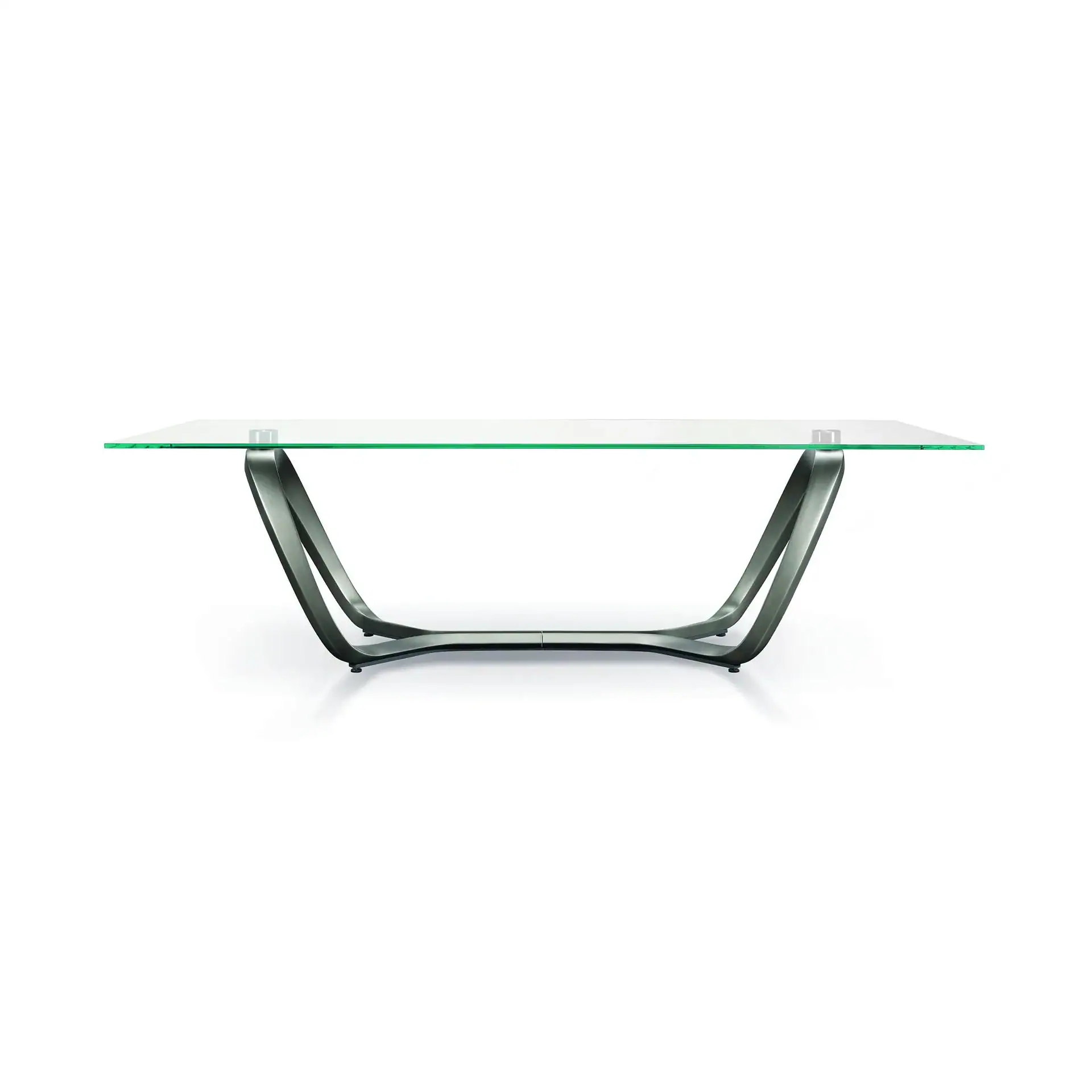 Modern coffee table with a rectangular glass top and a dark gray, curved metal base on a white background.