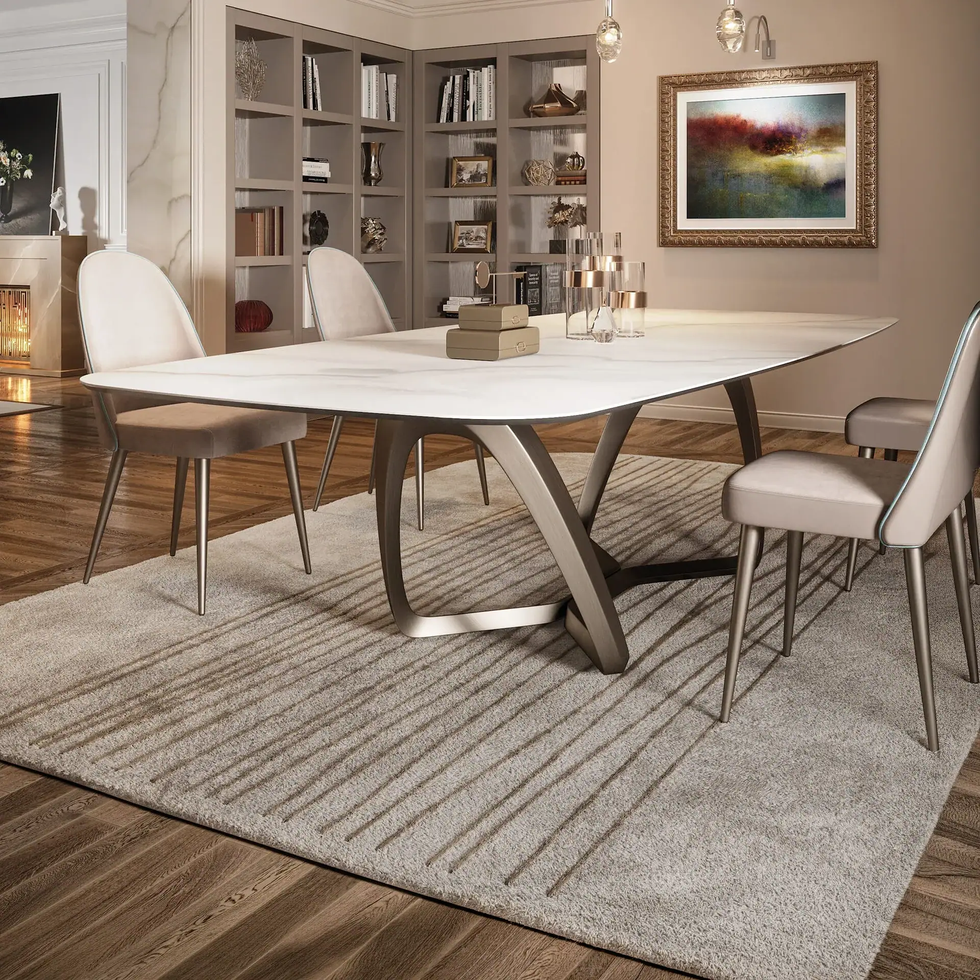 A modern dining room with a white marble-look table, beige chairs, a grey rug, and built-in shelving filled with books and decor.