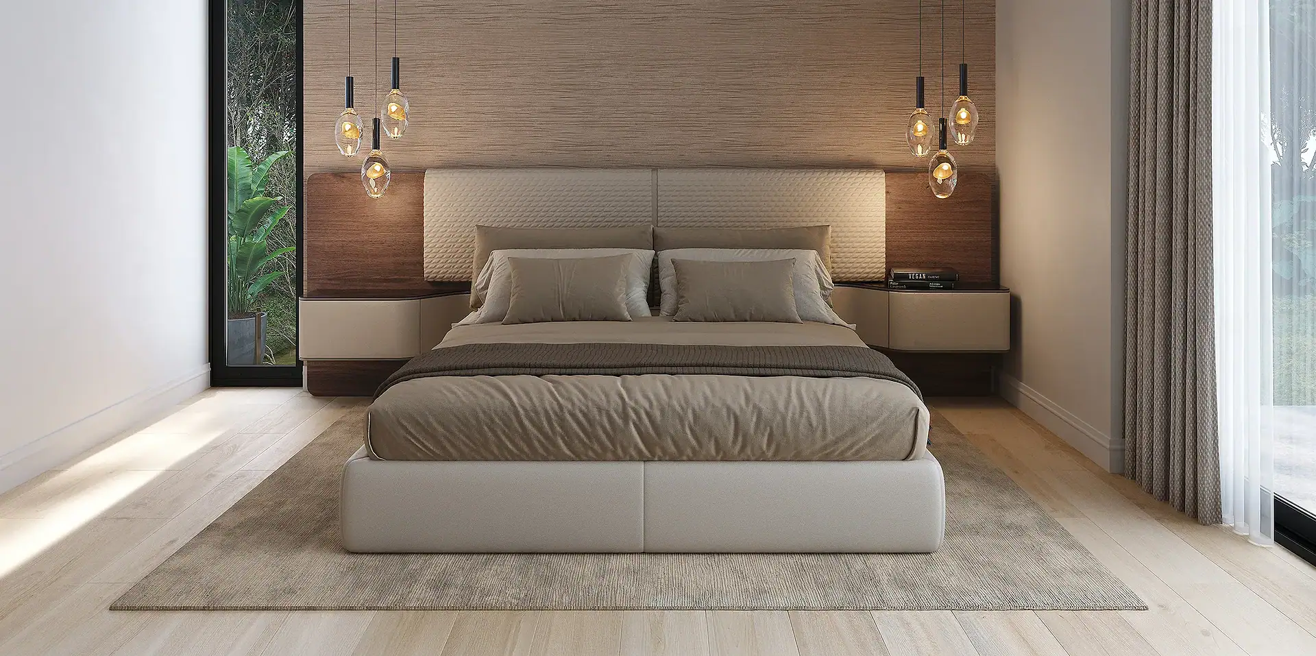 Modern bedroom with a stylish bed, contemporary lighting, and natural light from large windows.