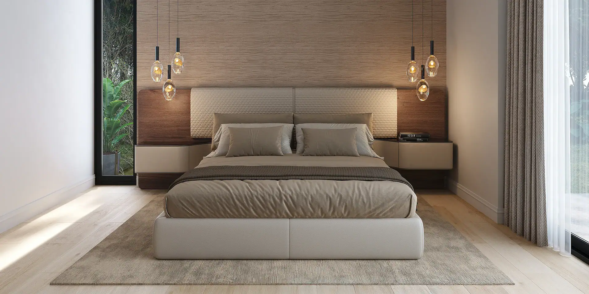Modern bedroom with a stylish bed, contemporary lighting, and natural light from large windows.