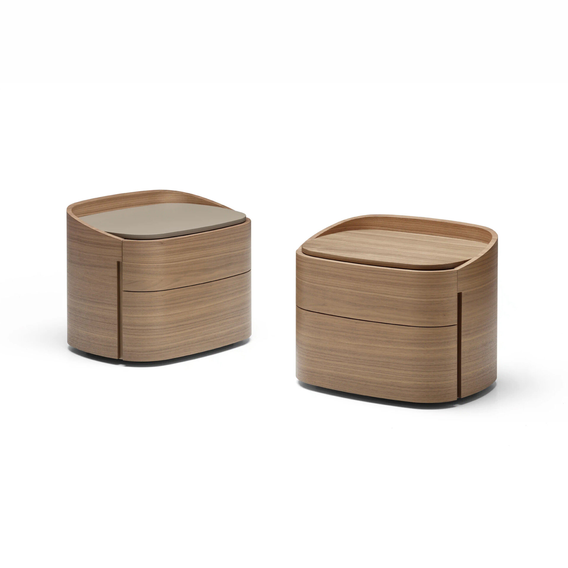 Two modern wooden nightstands with rounded edges on a white background. The left nightstand has a light beige top insert, while the right one has a solid wooden top.