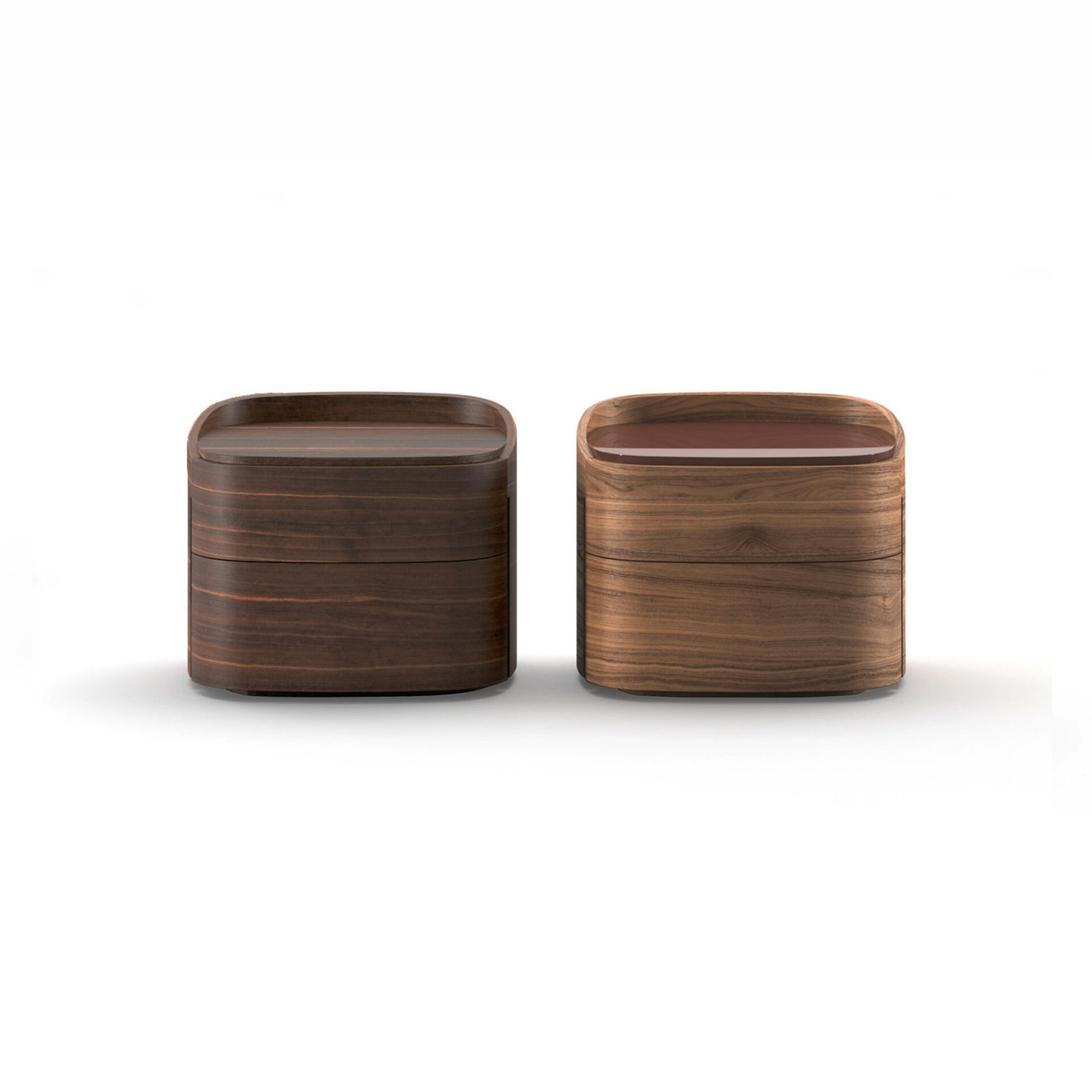 Two modern wooden nightstands with rounded corners on a white background. The left table is dark brown, and the right table is medium brown with a reddish-brown top insert.