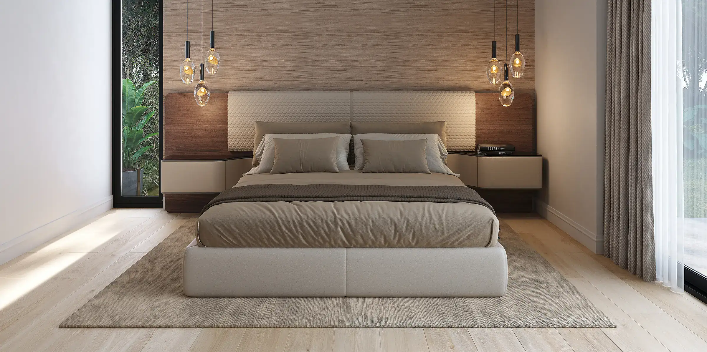 shop-the-look-reflex-wave-xl-bed-homepage Modern bedroom with a stylish bed, contemporary lighting, and natural light from large windows.
