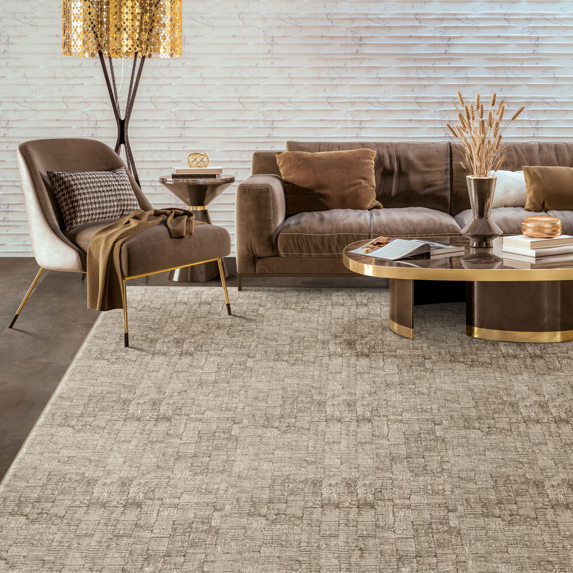 A luxurious modern living room featuring a brown sofa, an elegant armchair with gold legs, a textured beige rug, and a striking golden floor lamp. A round coffee table with decor sits in the center.