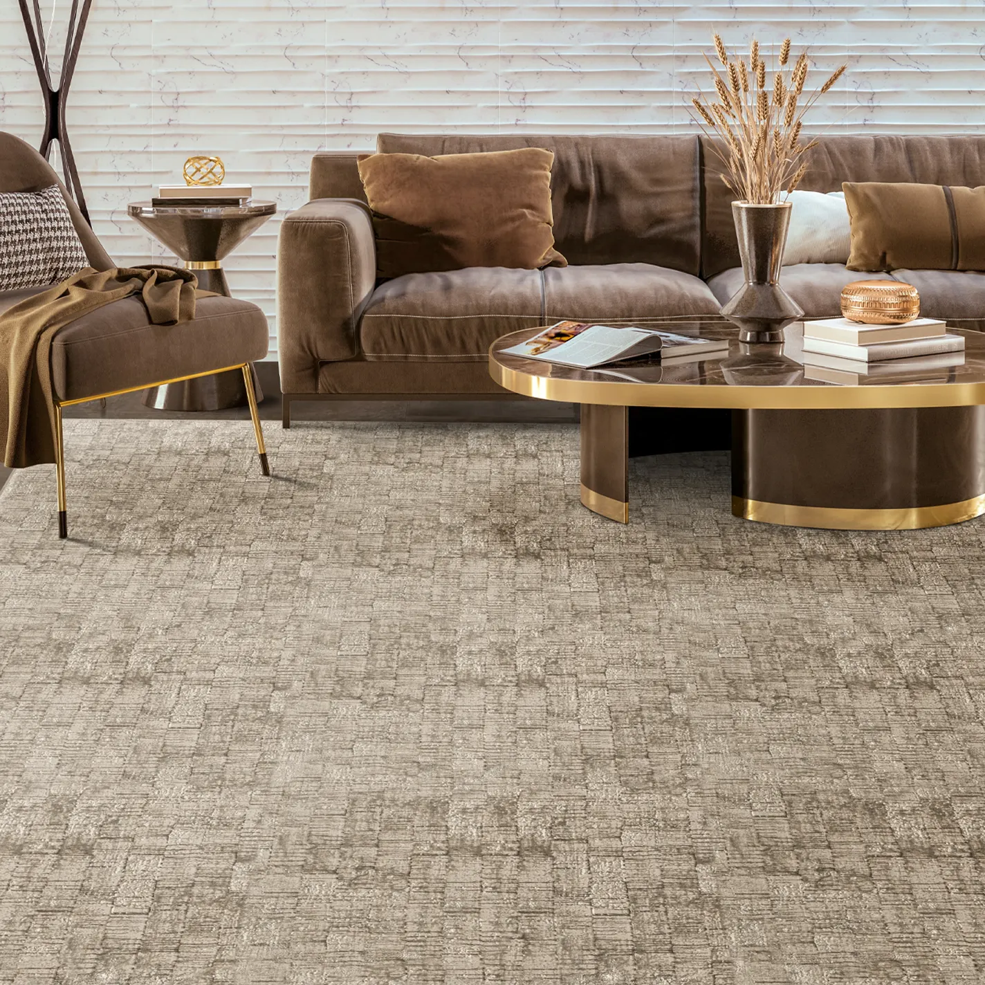 A luxurious modern living room featuring a brown sofa, an elegant armchair with gold legs, a textured beige rug, and a striking golden floor lamp. A round coffee table with decor sits in the center.