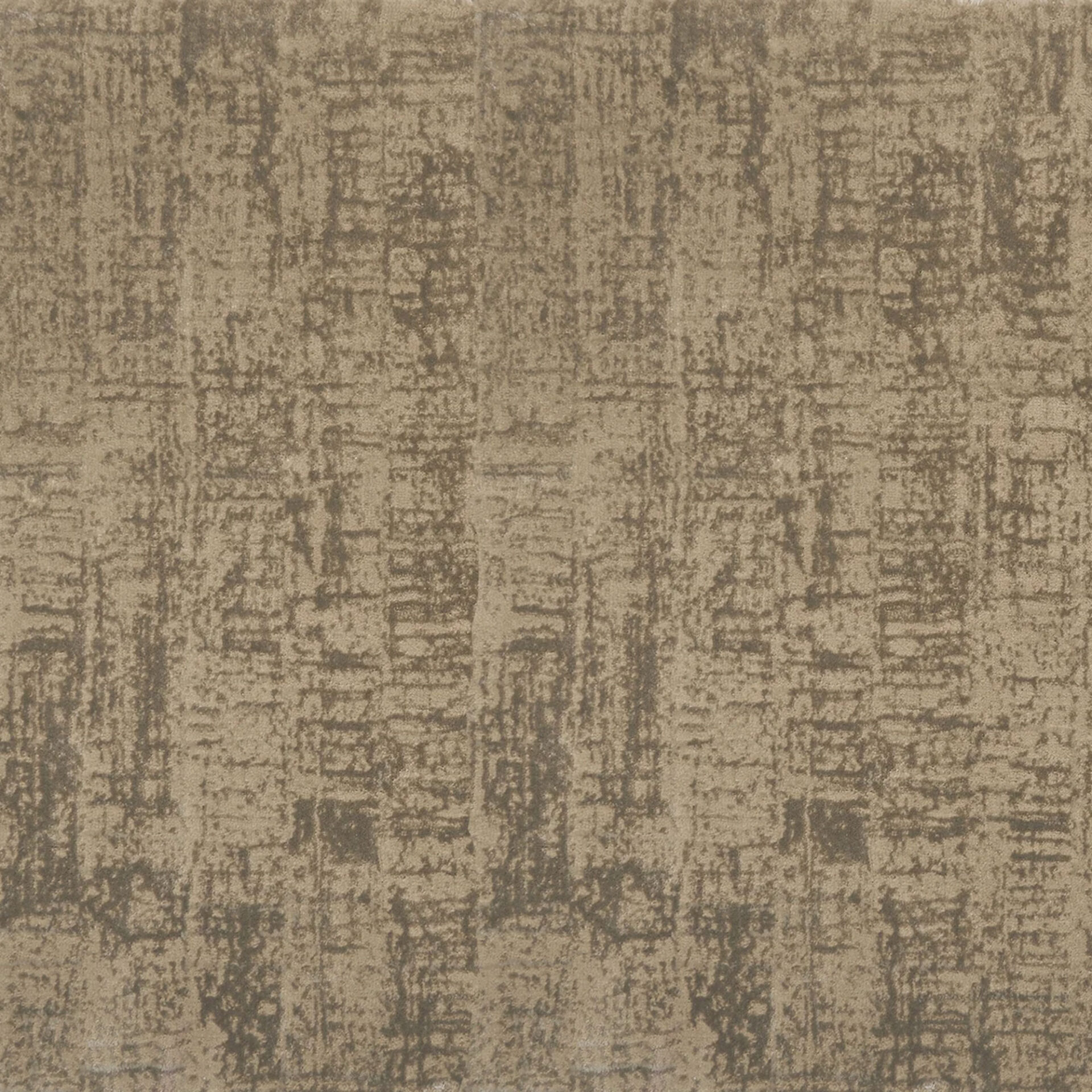 Close-up of a textured carpet or fabric in beige and brown with an abstract, distressed pattern of irregular streaks and blotches.