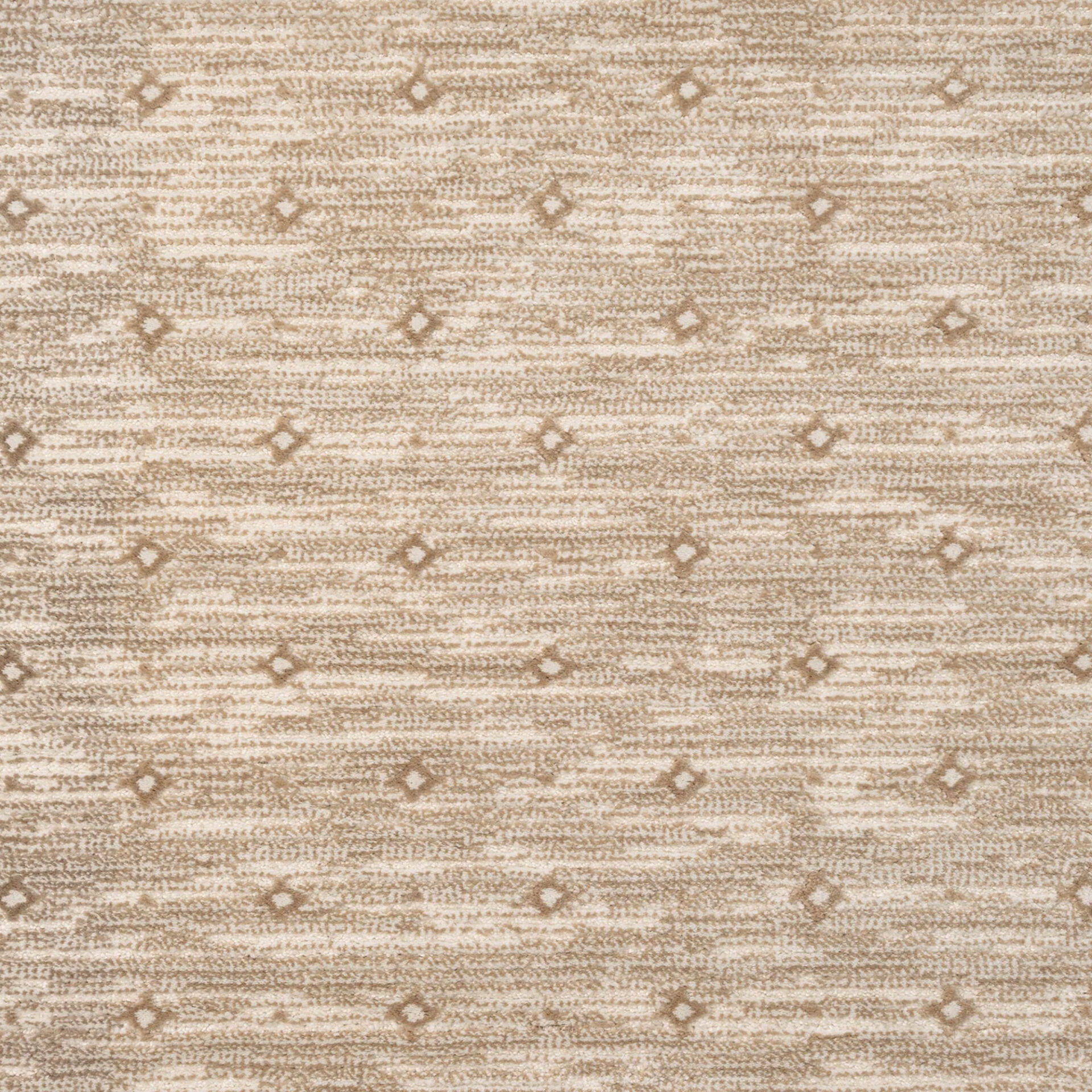 Textured beige and tan carpet with a pattern of horizontal mottled stripes and small, evenly spaced diamond shapes.