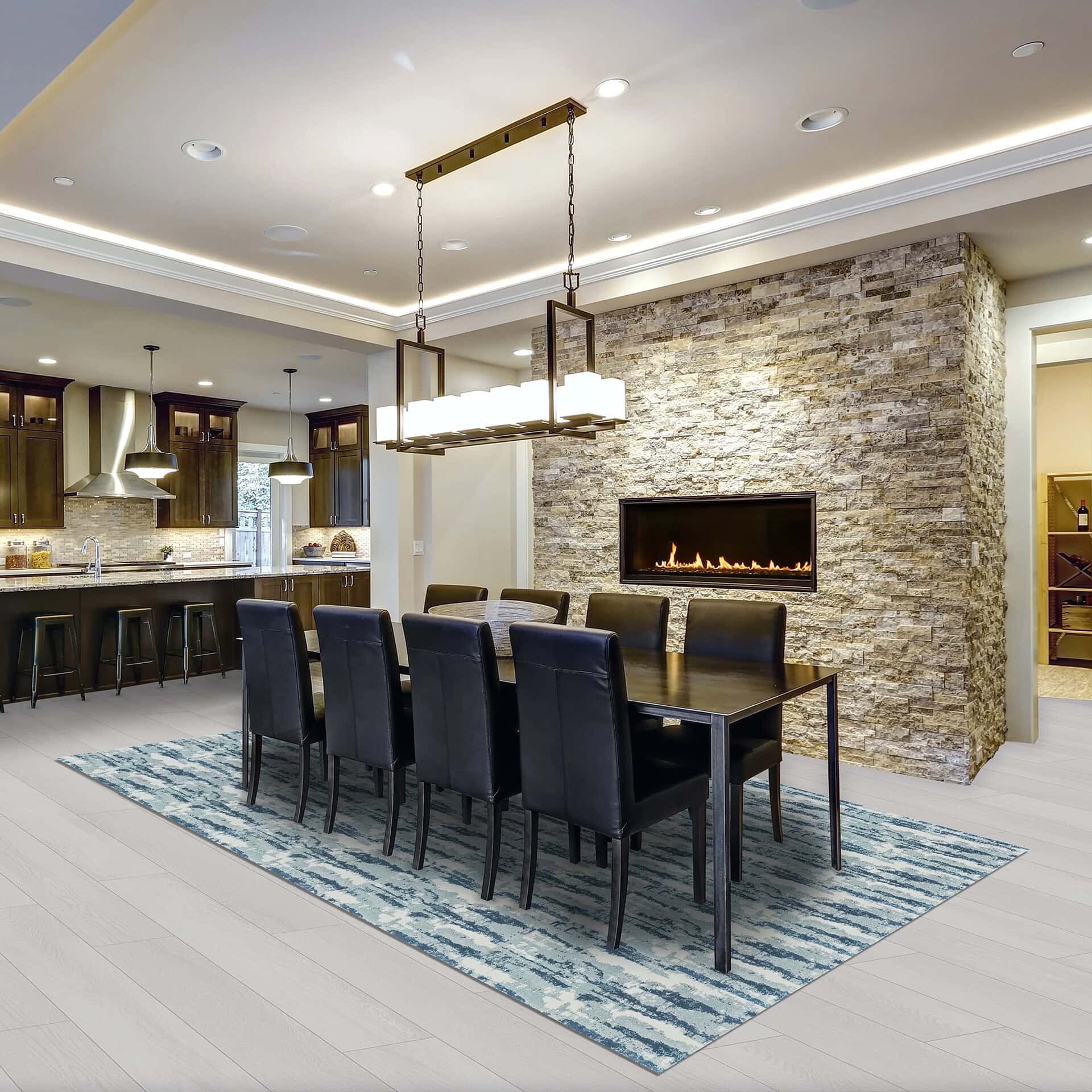 Elegant woven carpet in a modern dining room setting.