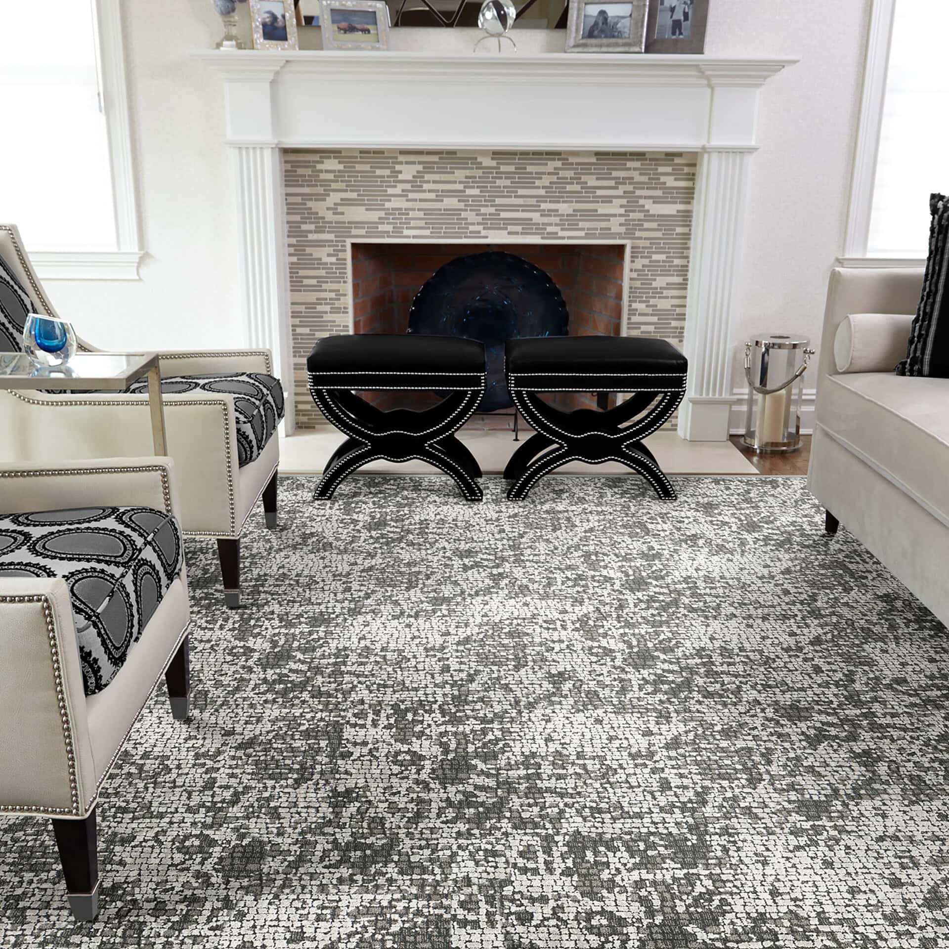 Woven area rug with a modern, textured design in neutral tones for stylish living spaces.