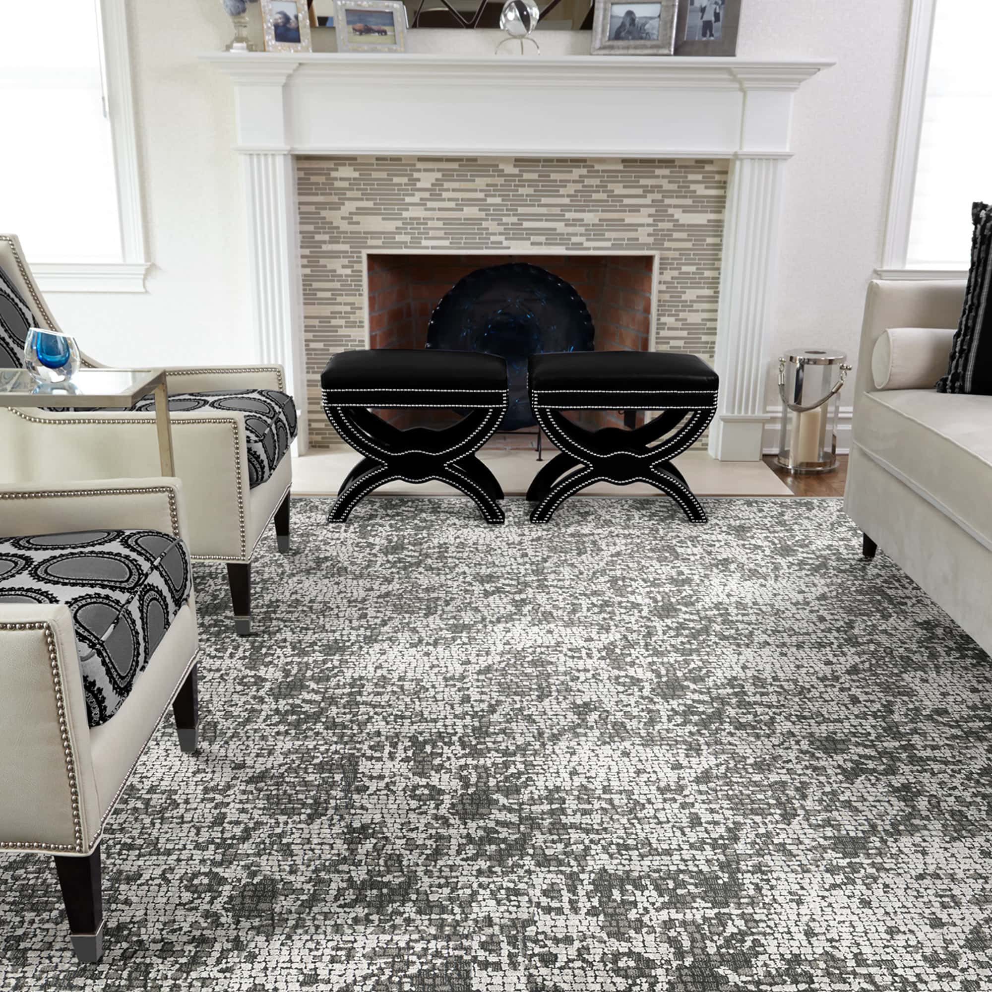 Woven area rug with a modern, textured design in neutral tones for stylish living spaces.