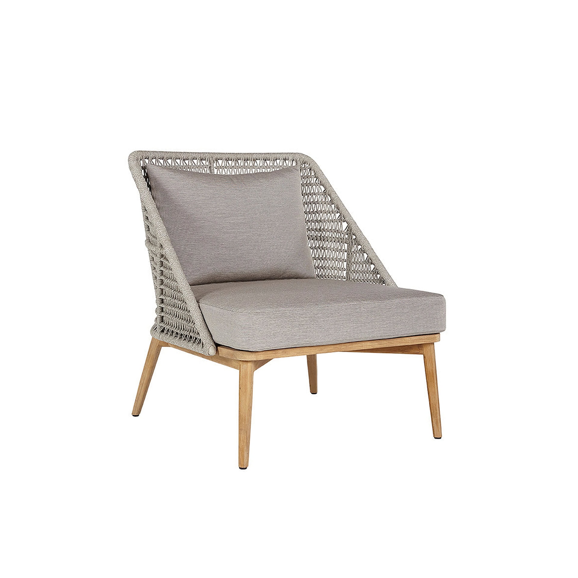 Elegant outdoor lounge chair with woven backrest and light wood frame.