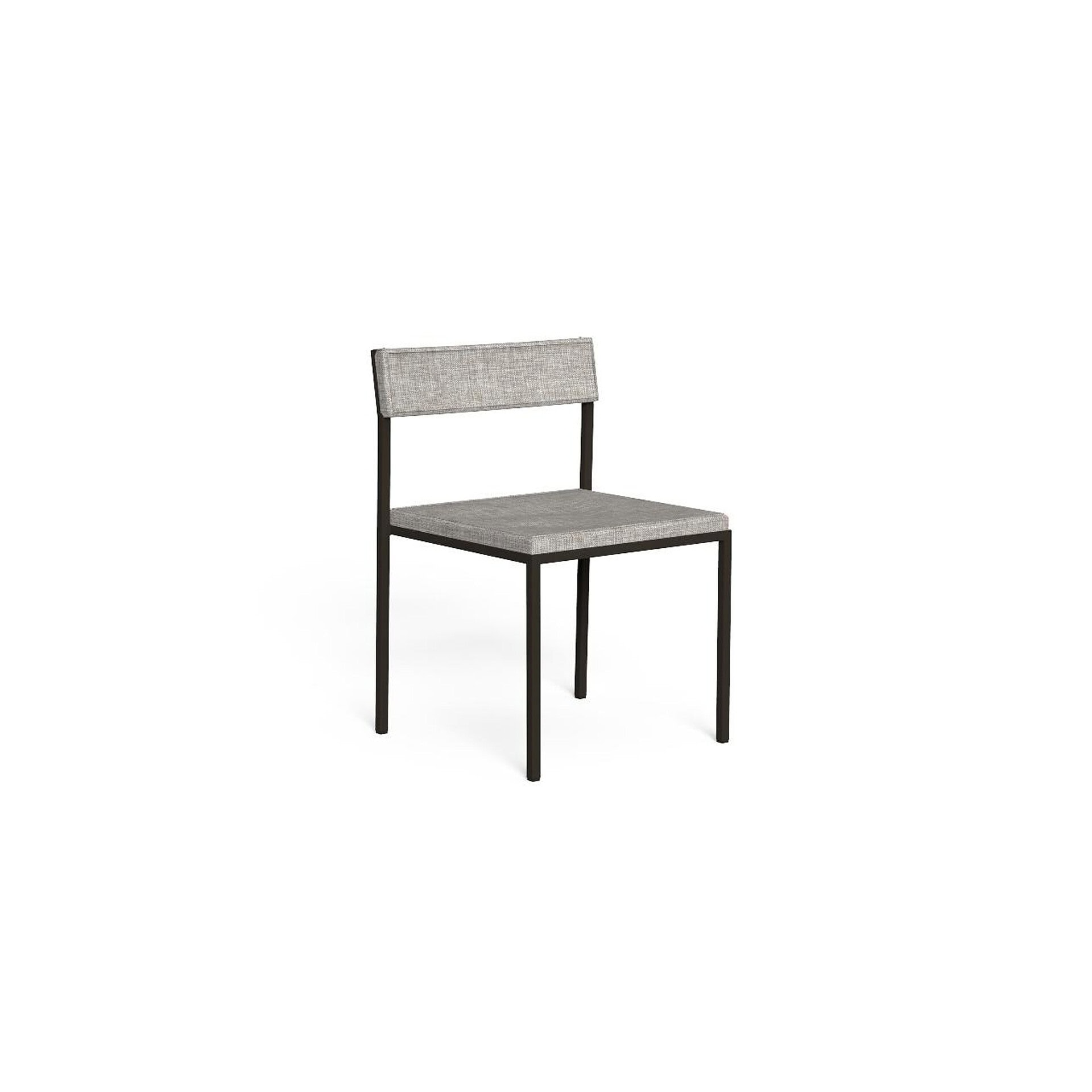 Outdoor dining chair with a sleek metal frame and fabric upholstery.