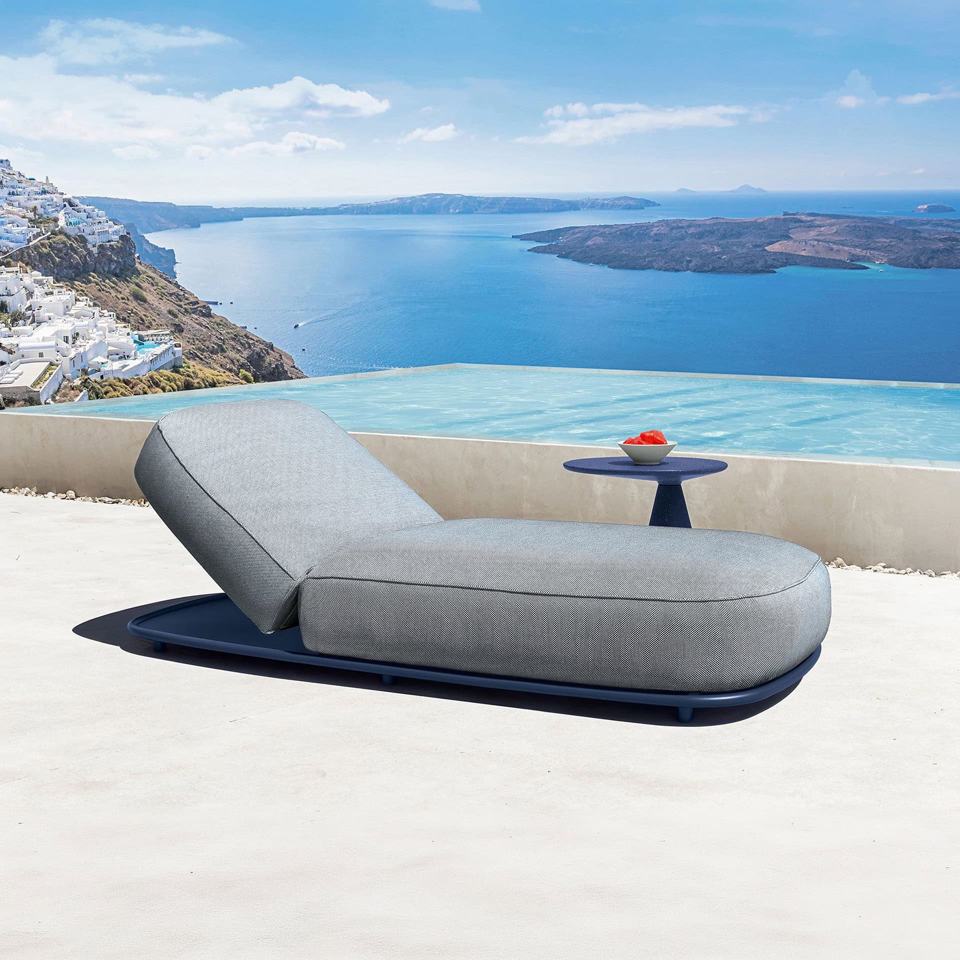 Outdoor sunbed with adjustable backrest by Sklar Furnishings. Perfect for relaxing by the pool or en.