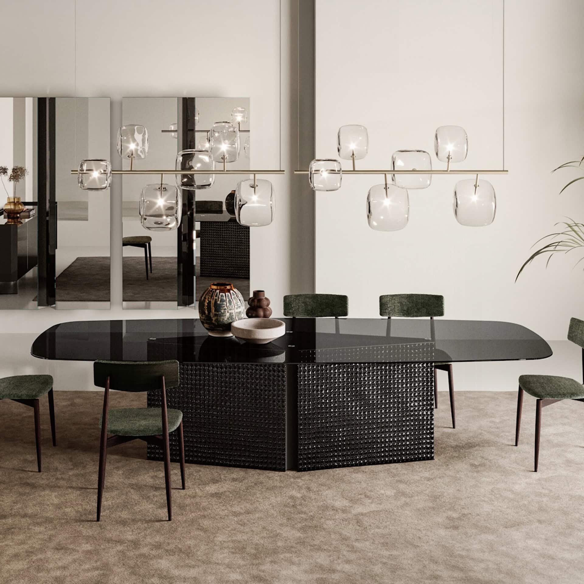 Elegant Bow sculptural glass dining table with a sleek black base, perfect for contemporary dining s.