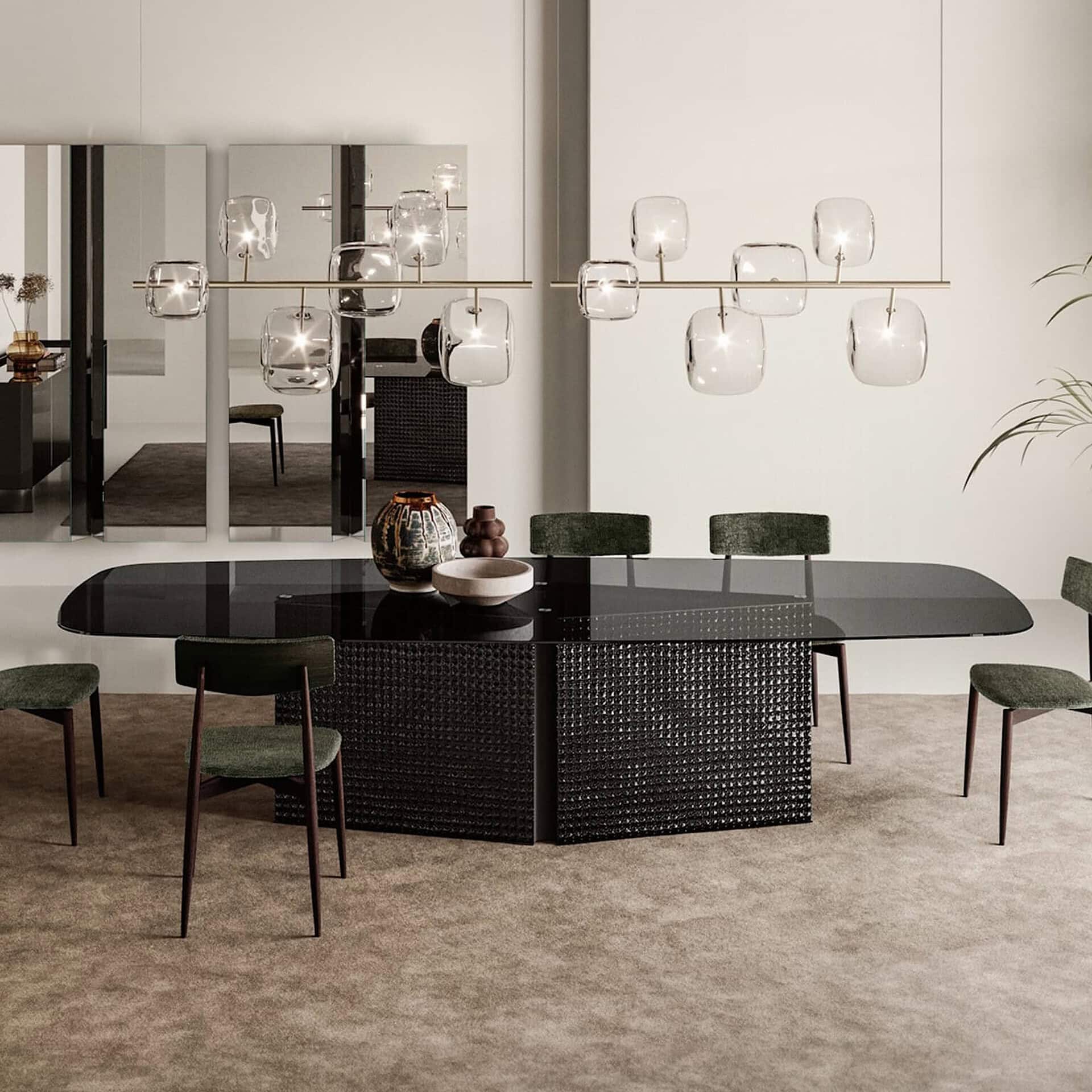 Elegant Bow sculptural glass dining table with a sleek black base, perfect for contemporary dining s.