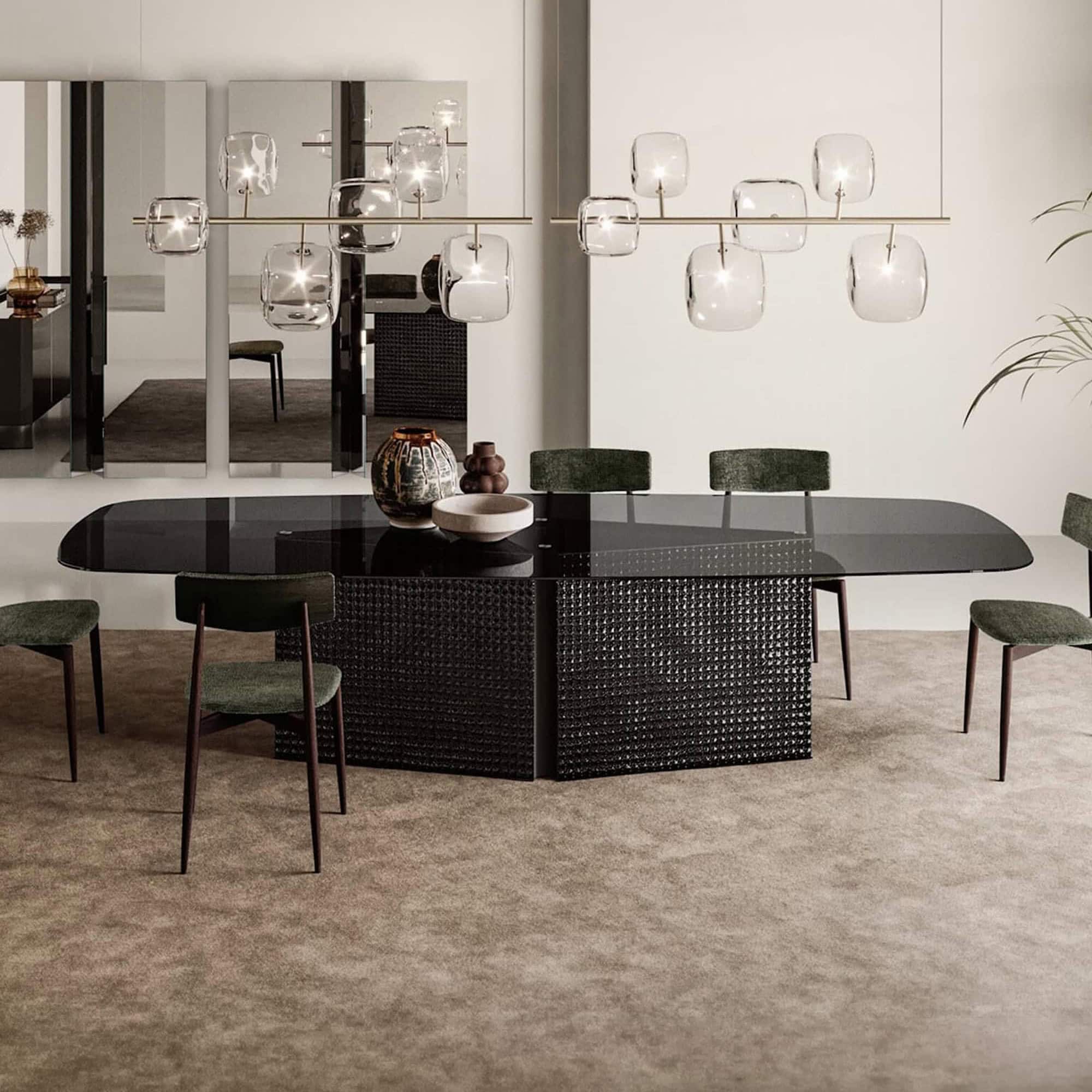 Elegant Bow sculptural glass dining table with a sleek black base, perfect for contemporary dining s.