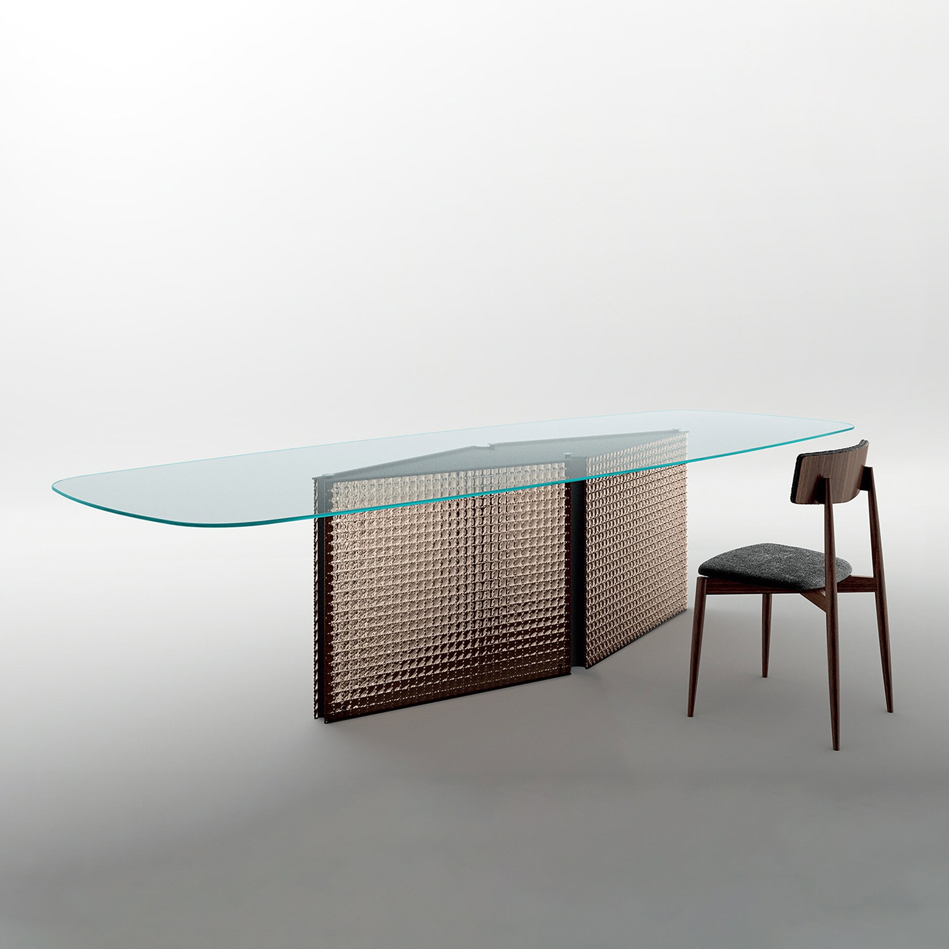 Modern Bow Sculptural Glass Dining Table with unique base and sleek design.