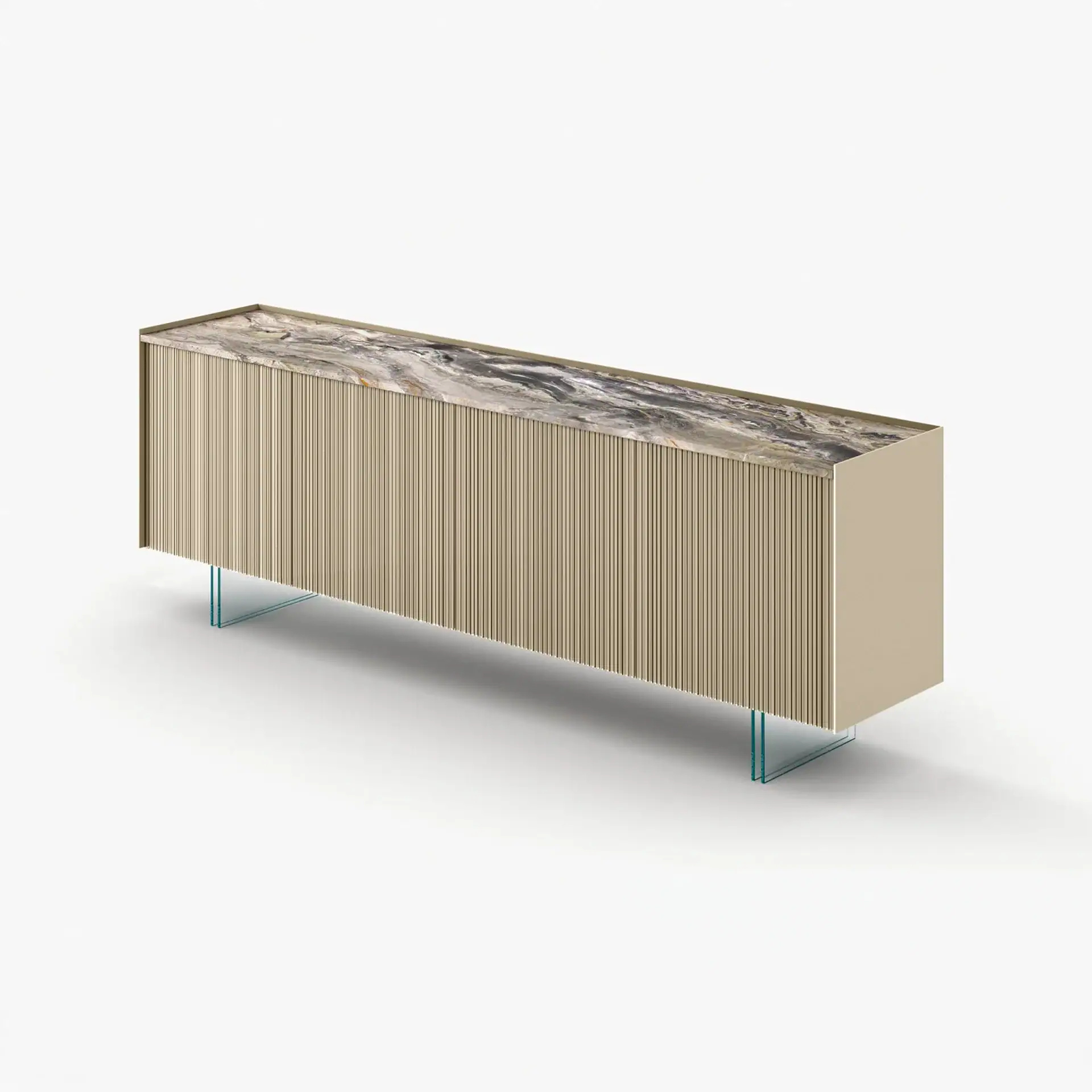 A long, rectangular modern sideboard with a marble top, fluted beige front, and clear glass legs, against a white background.