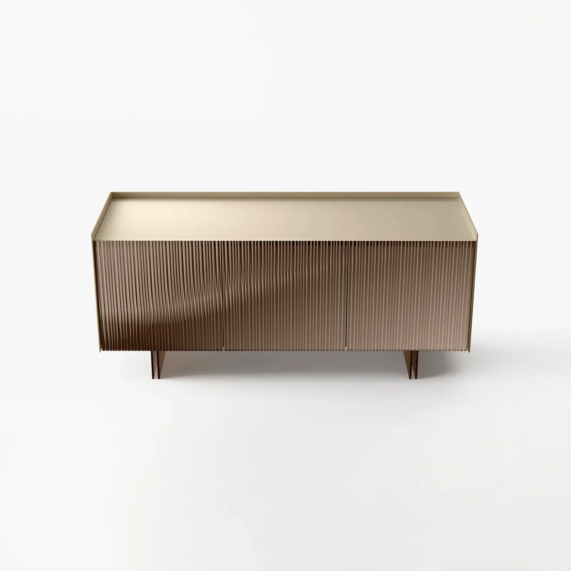 A modern beige and brown sideboard with a fluted, textured front and angled legs, against a white background.
