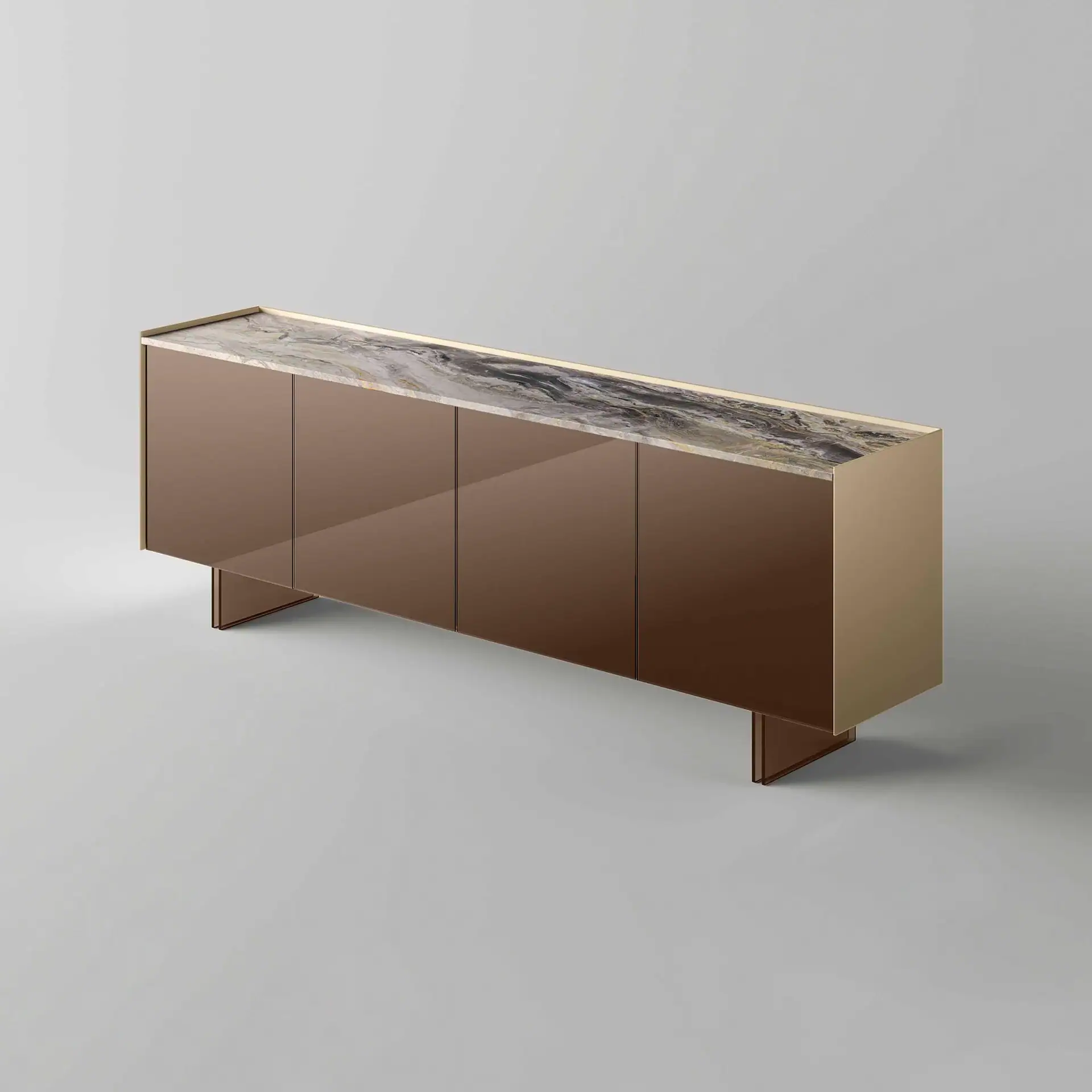 A modern sideboard with a veined marble top, glossy bronze doors, and golden trim, set against a light grey background.