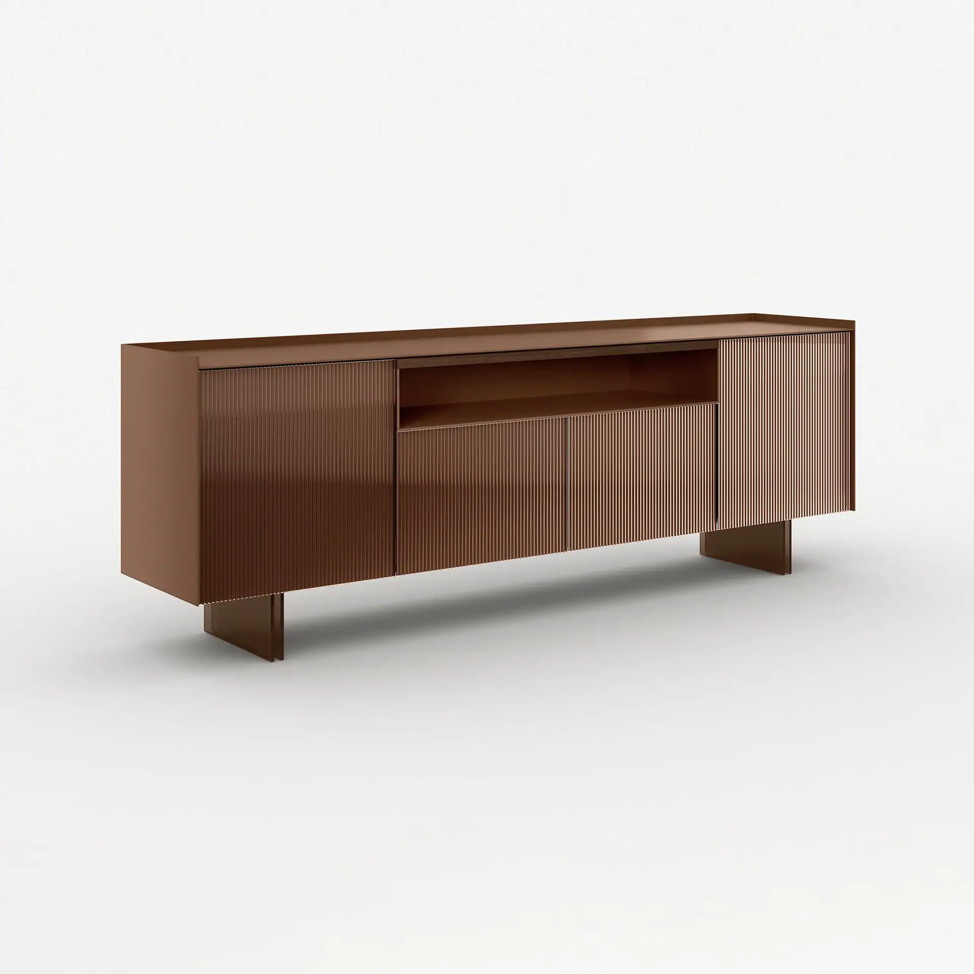A modern, rectangular bronze-colored sideboard with fluted cabinet doors and an open central shelf, on a white background.