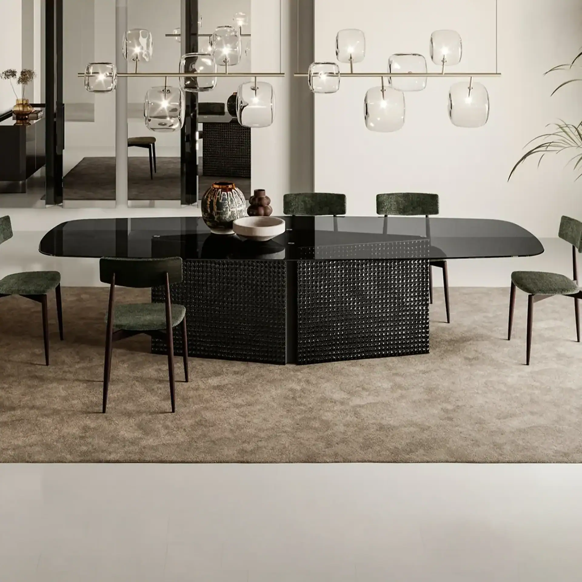Sklar Furnishings Bow Dining Table in a modern dining room setting.