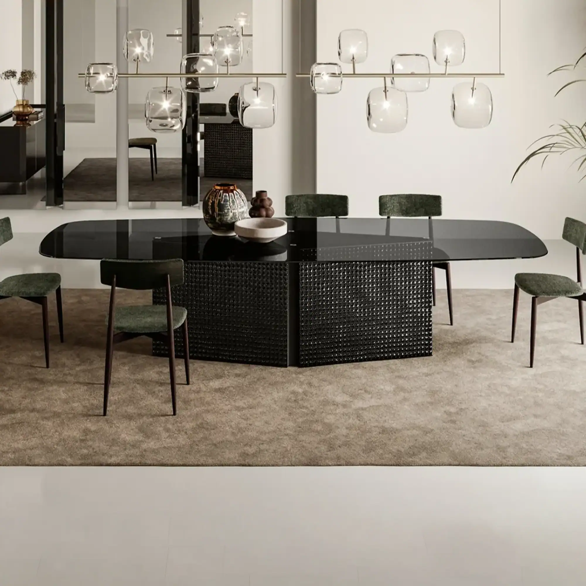 Sklar Furnishings Bow Dining Table in a modern dining room setting.