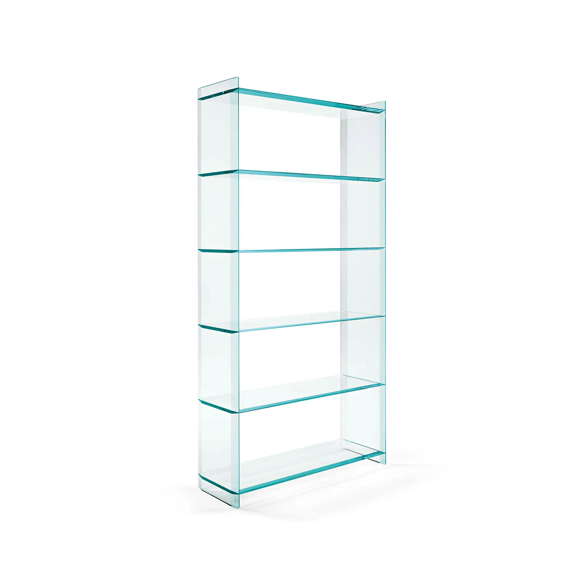 A tall, rectangular bookshelf made of clear glass with five shelves, against a white background.