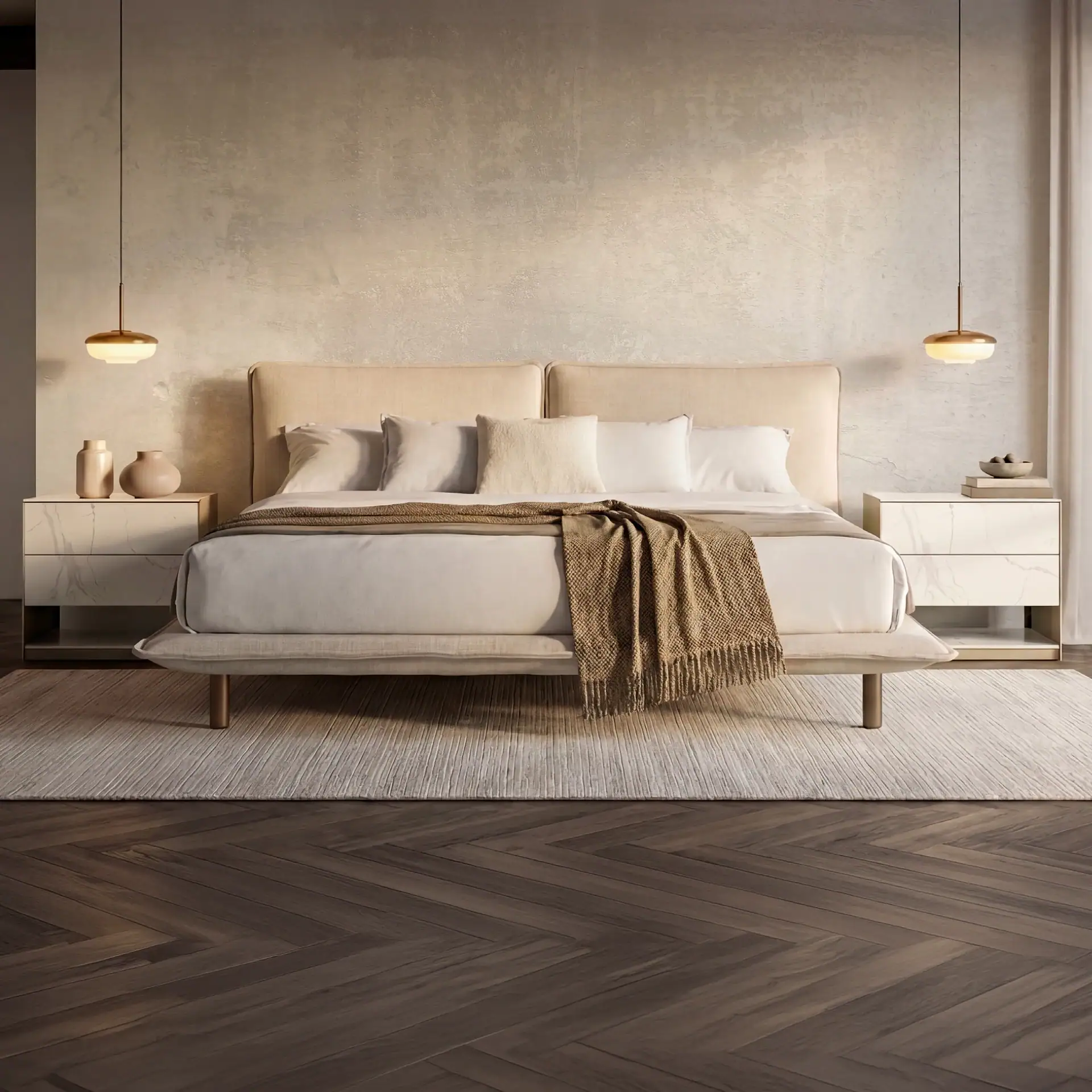 Haven upholstered bed with beige headboard and white bedding in modern bedroom.
