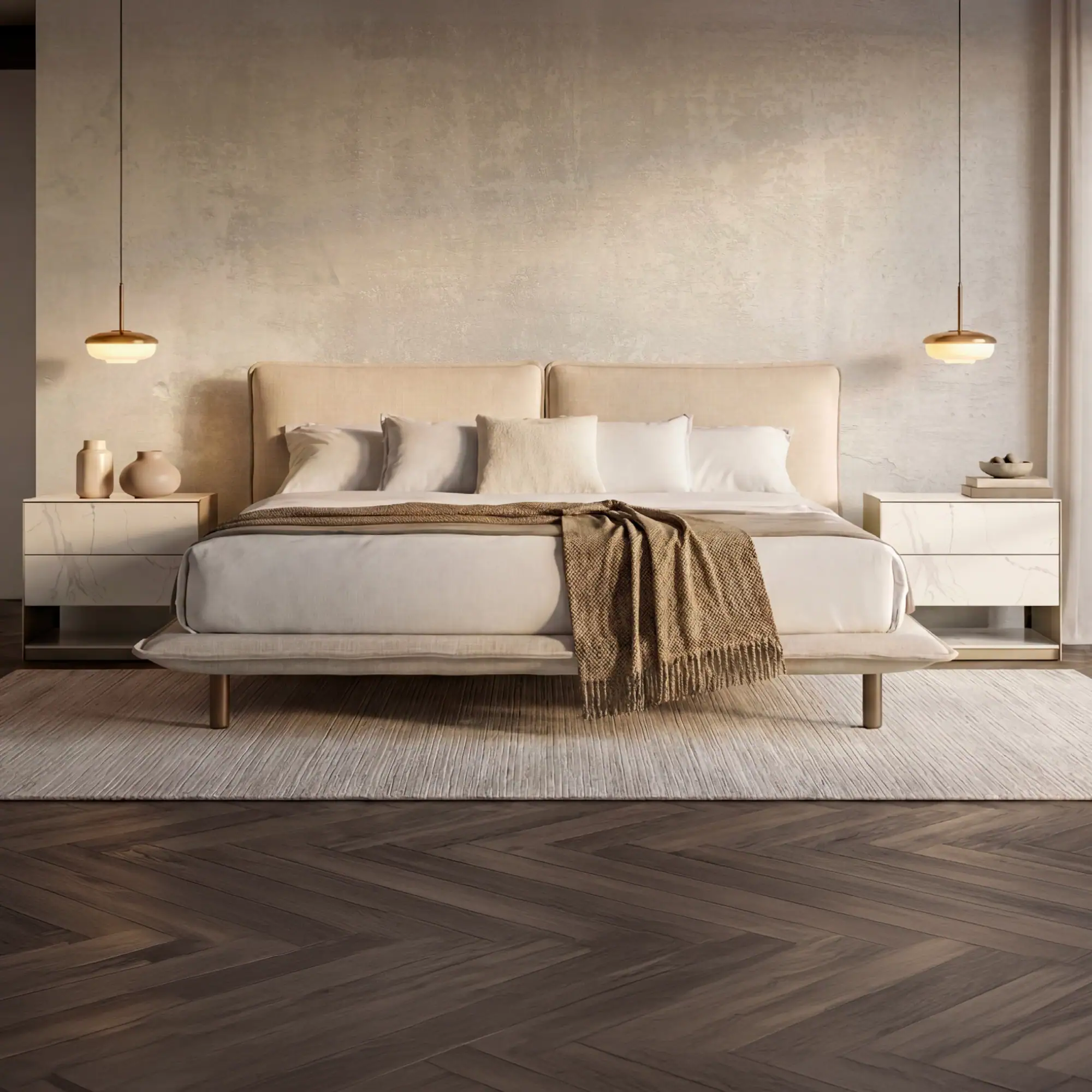 Haven upholstered bed with beige headboard and white bedding in modern bedroom.