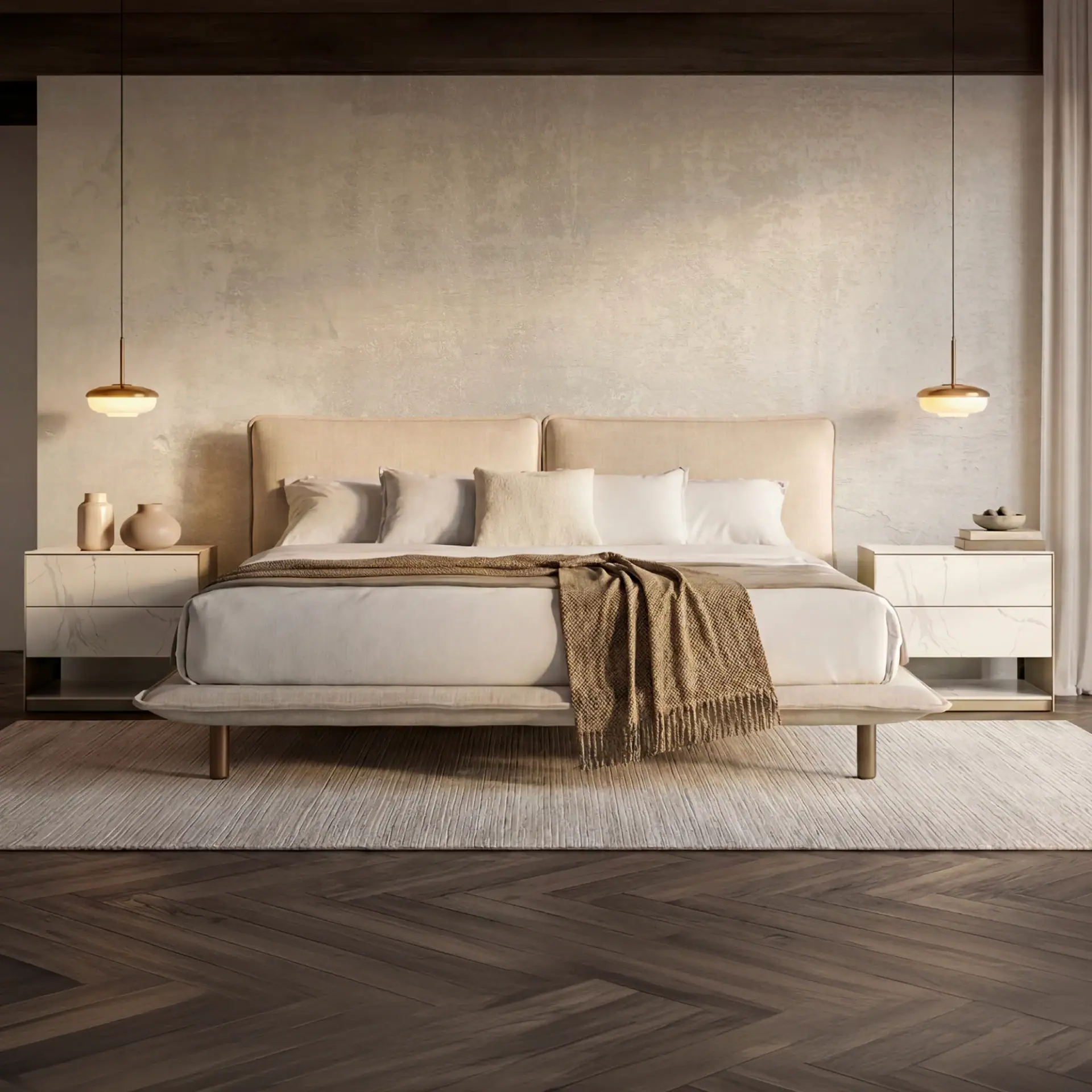 Elegant minimalist bedroom with neutral tones, modern decor, and cozy bedding.