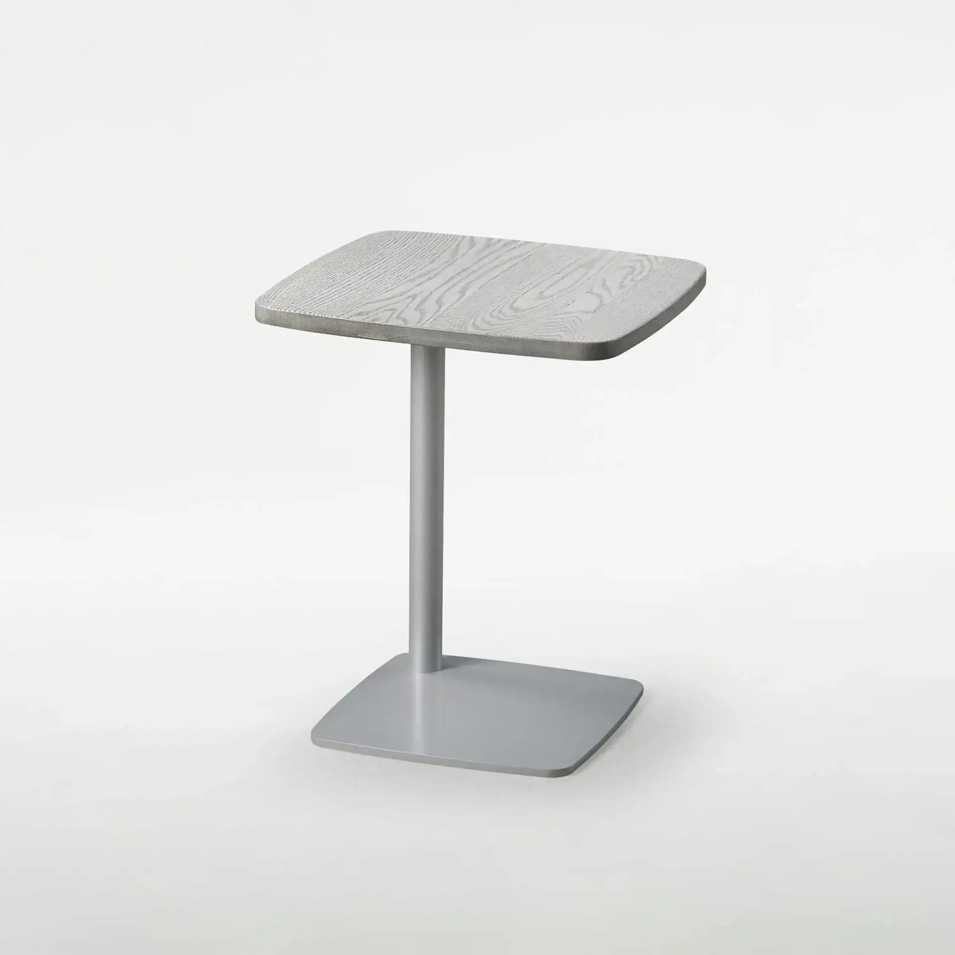 Modern gray side table with wooden top and metal base for living room or office decor.