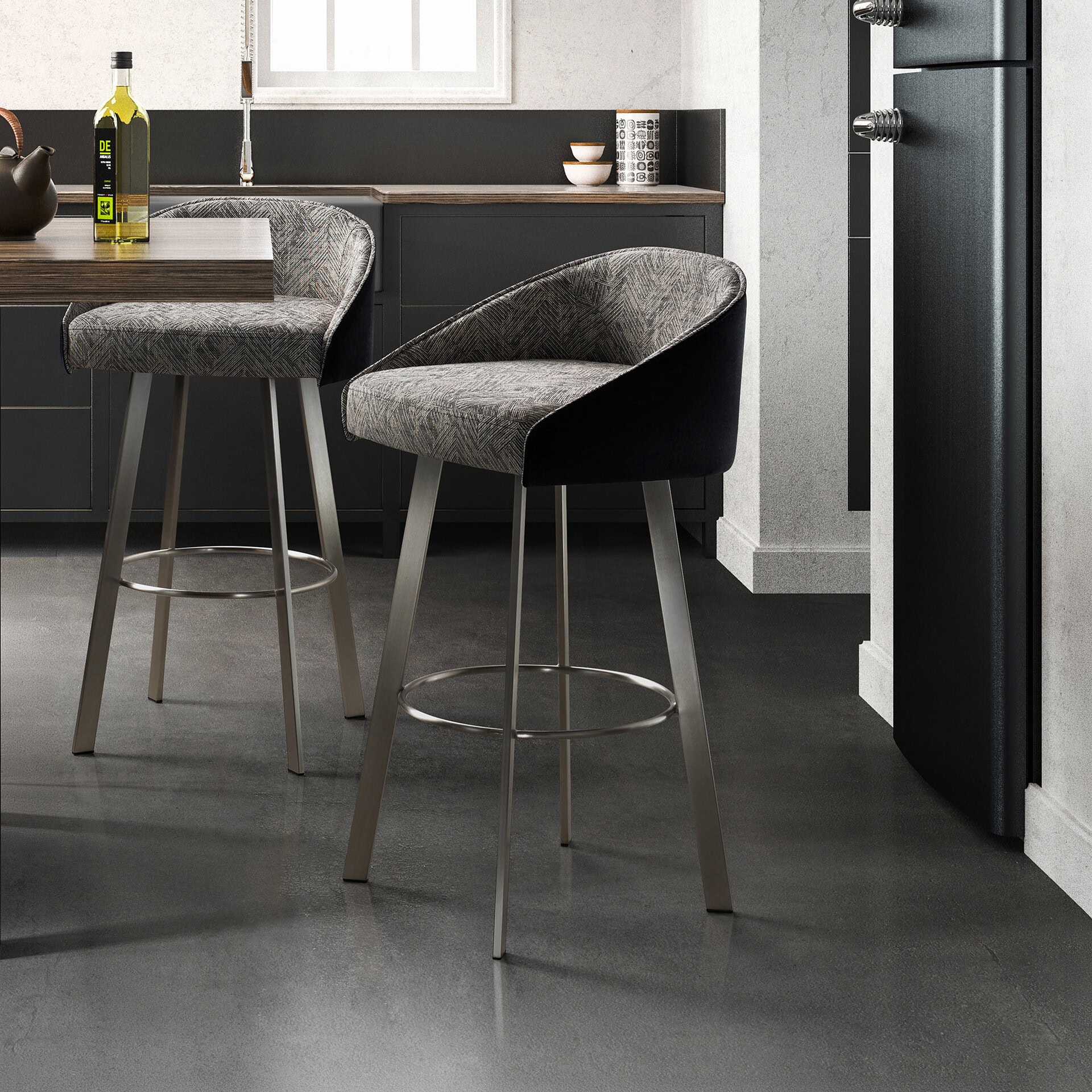 Swivel bar and counter stool with upholstered seat and modern design. Perfect for contemporary kitch.