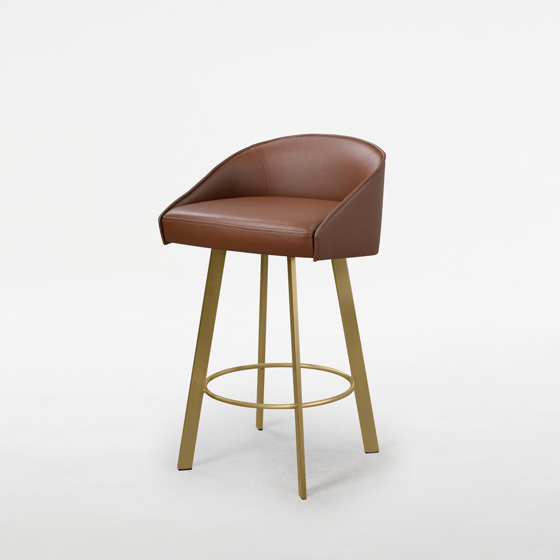 Modern Liv swivel bar and counter stool with leather seat and gold-finished legs.