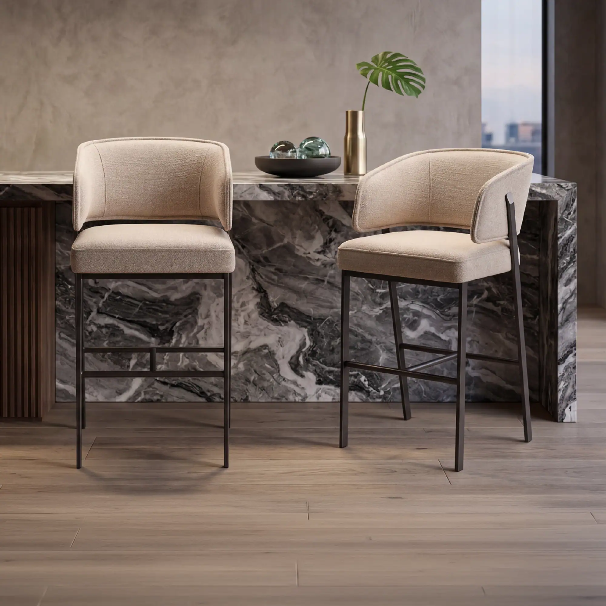 Sklar Furnishings Madison bar and counter stools with beige upholstery and black metal legs.