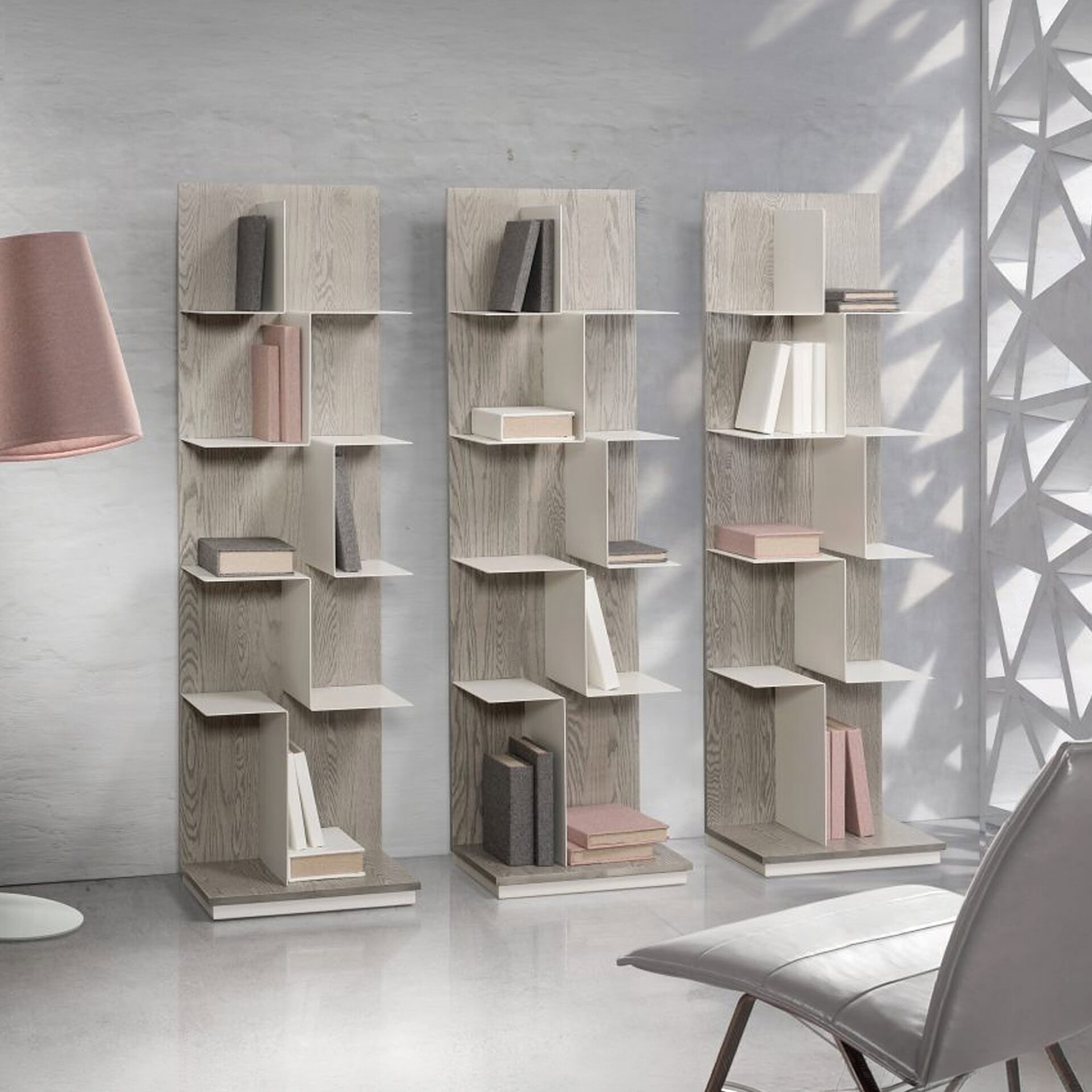 Contemporary wooden bookshelf with multiple shelves for stylish storage solutions.