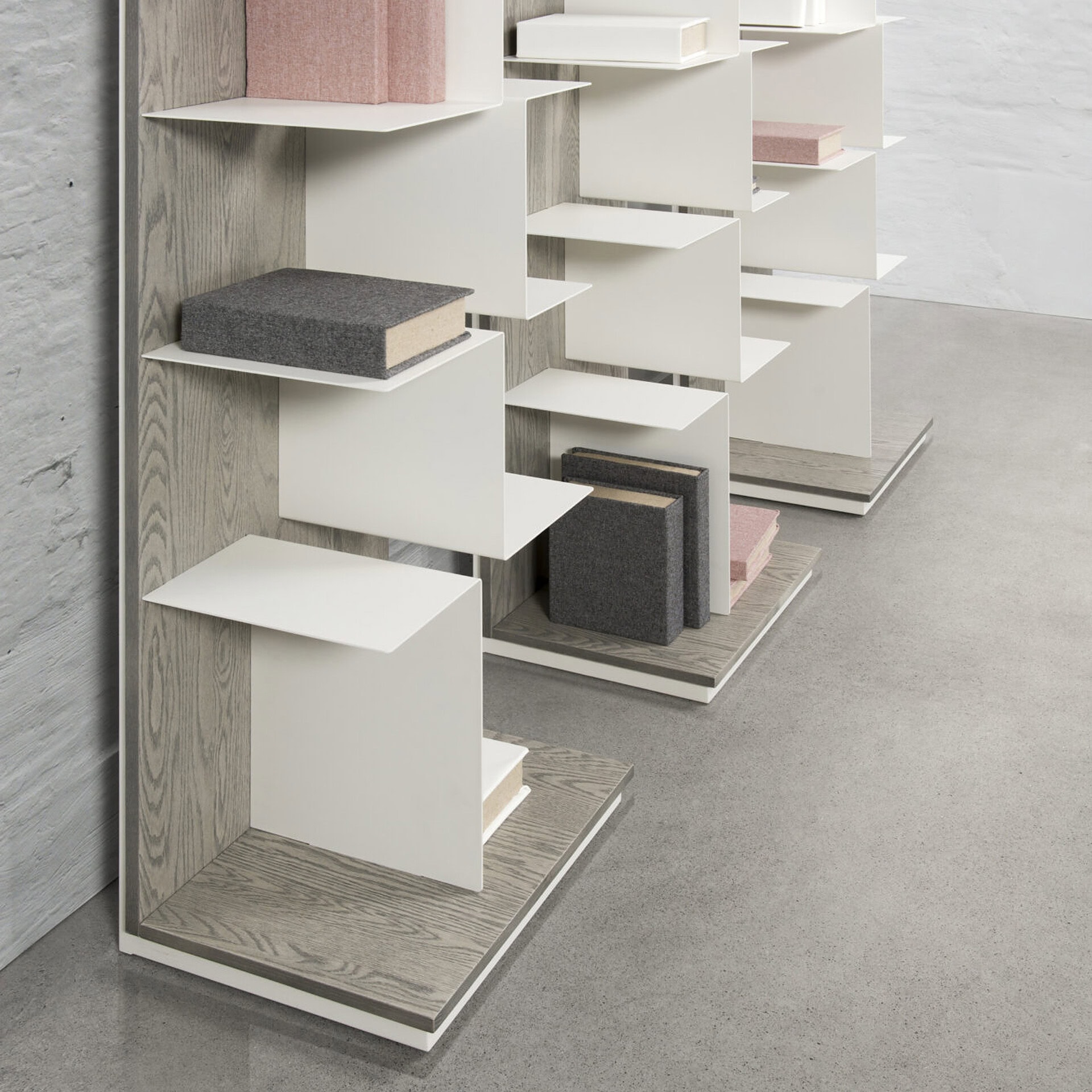 Contemporary Maze Freestanding Bookshelf with geometric shelves in white finish.
