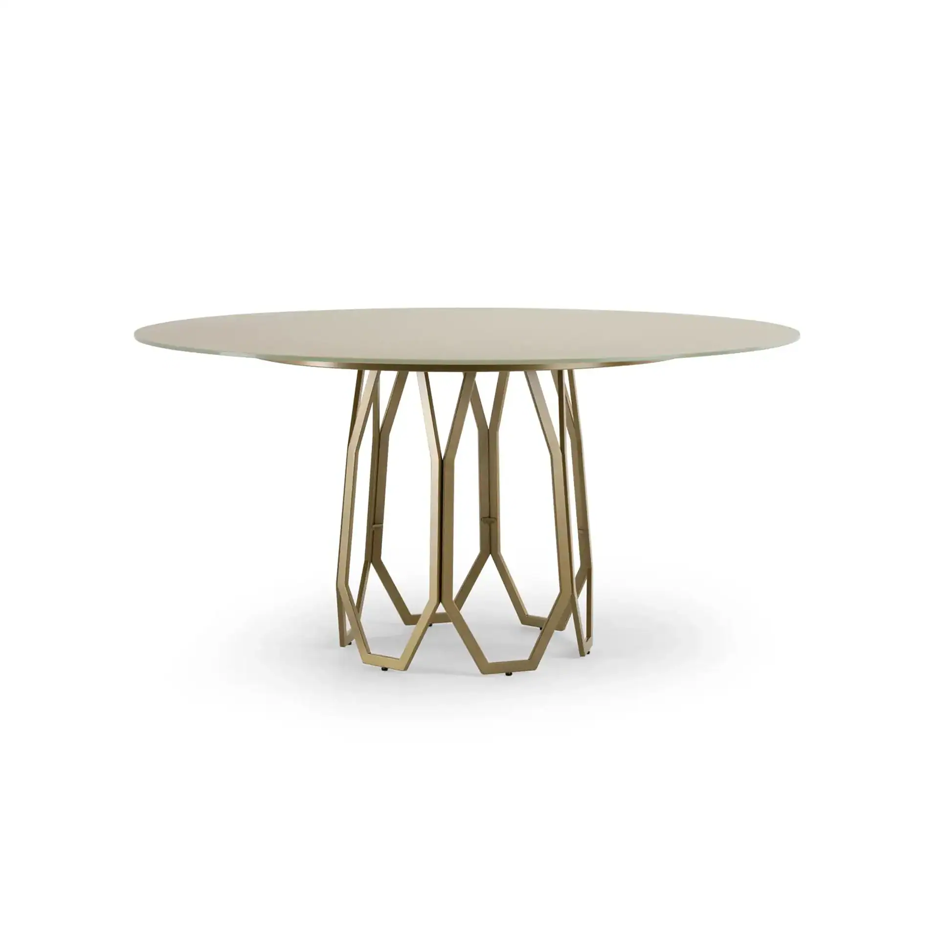 Elegant modern dining table with geometric metal base and smooth round top.