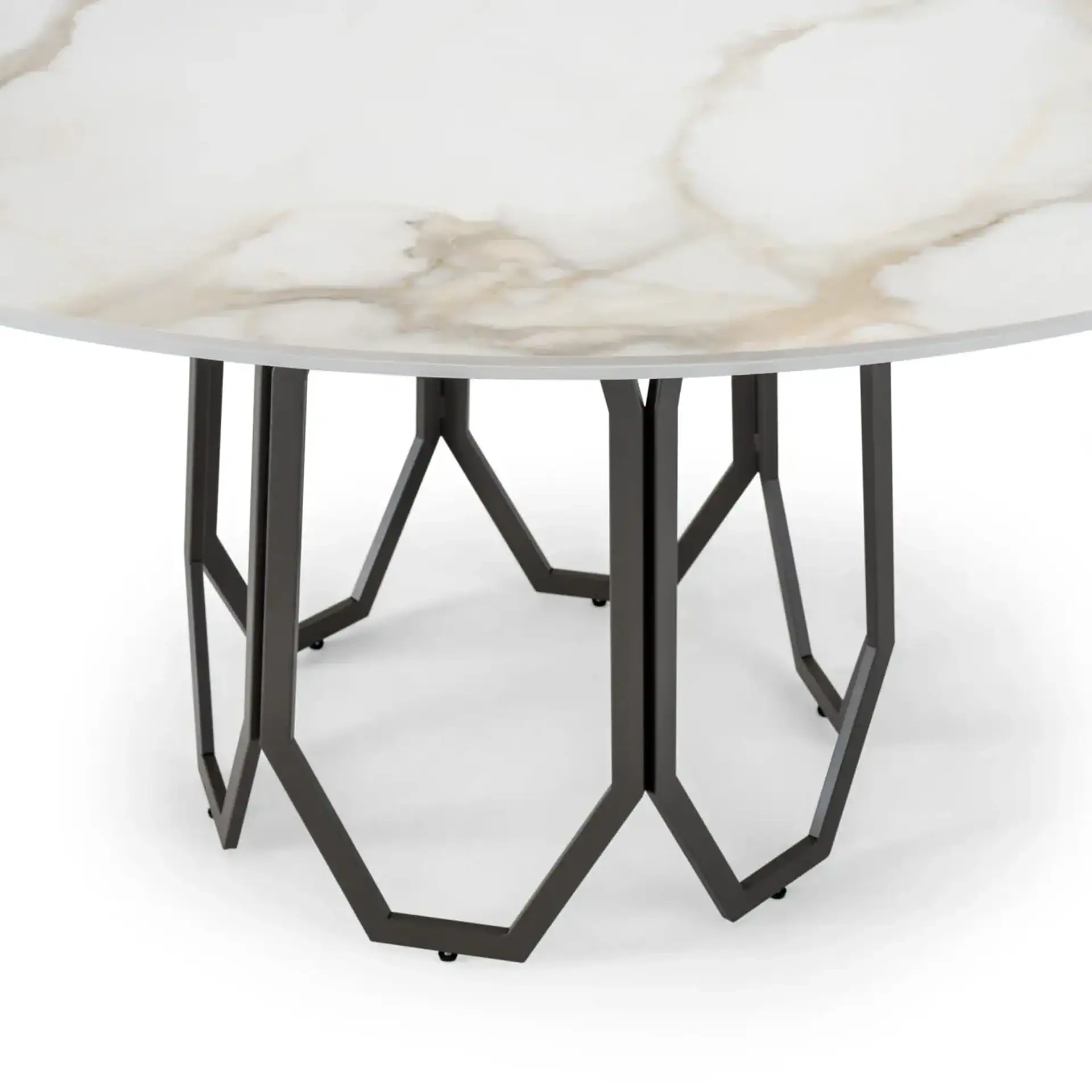 Modern marble top dining table with a unique geometric metal base, perfect for contemporary dining s.