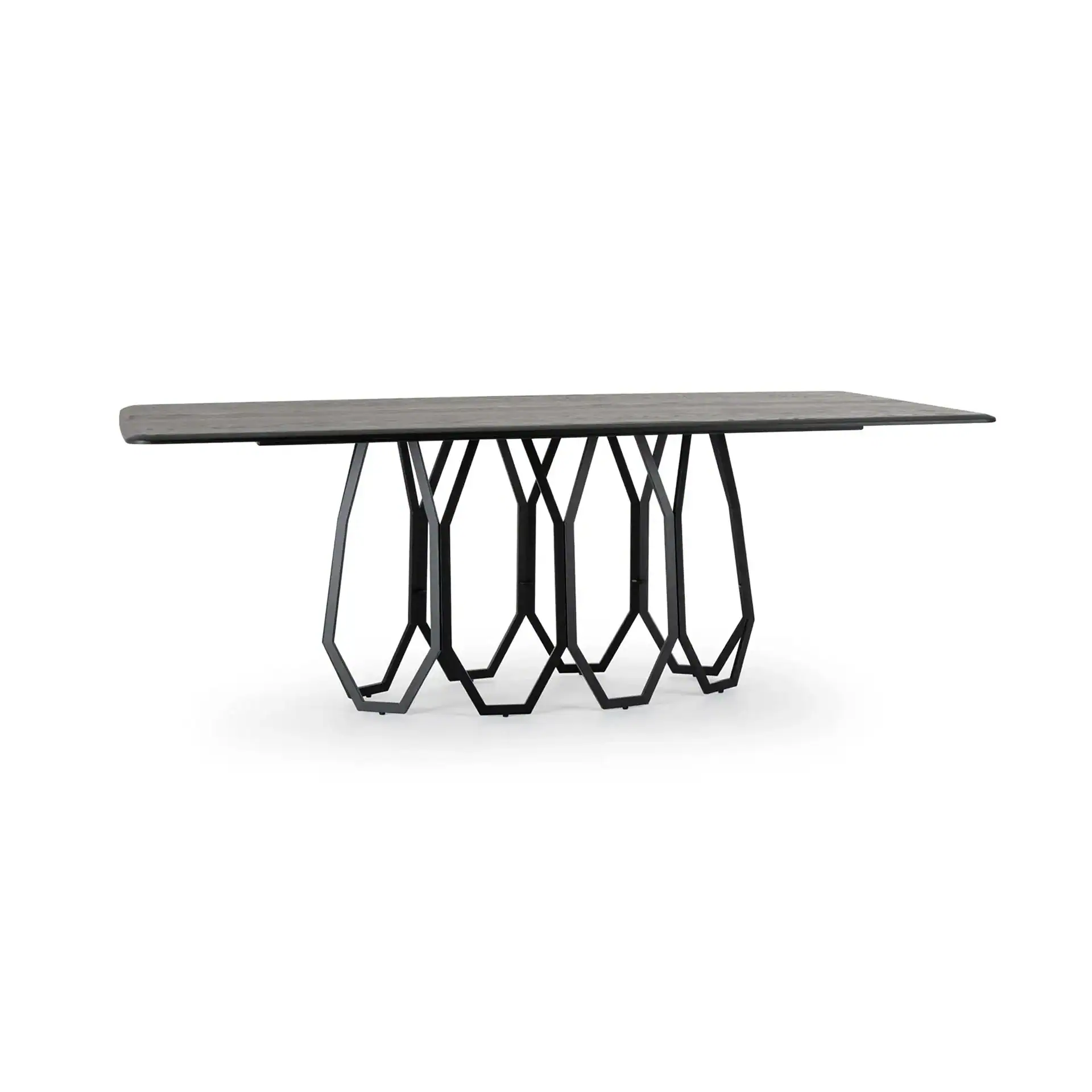 Industrial dining table with a sleek wooden top and unique geometric metal base for contemporary int.