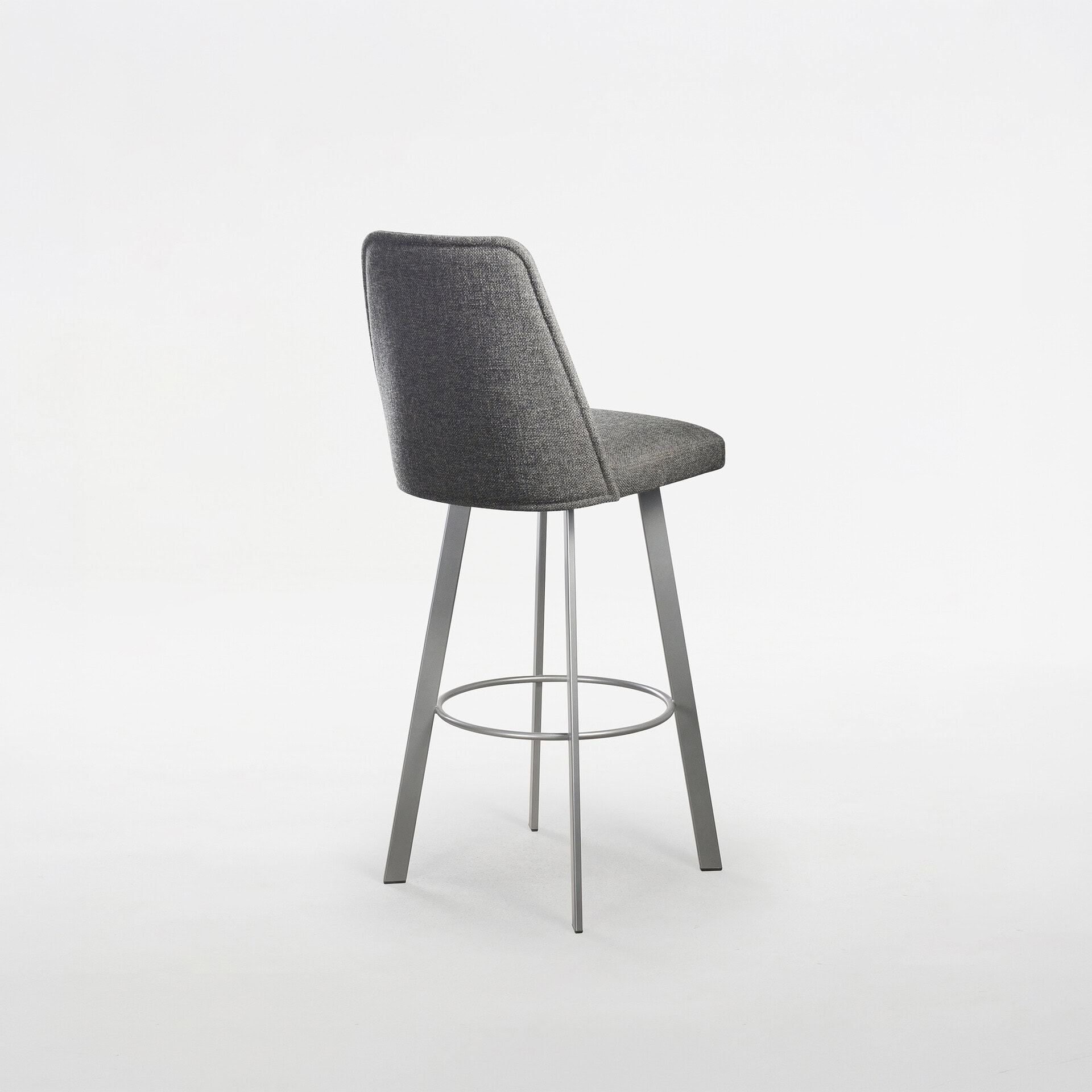 Sofia Swivel Bar & Counter Stool with upholstered gray fabric and sleek metal legs. Perfect for mode.
