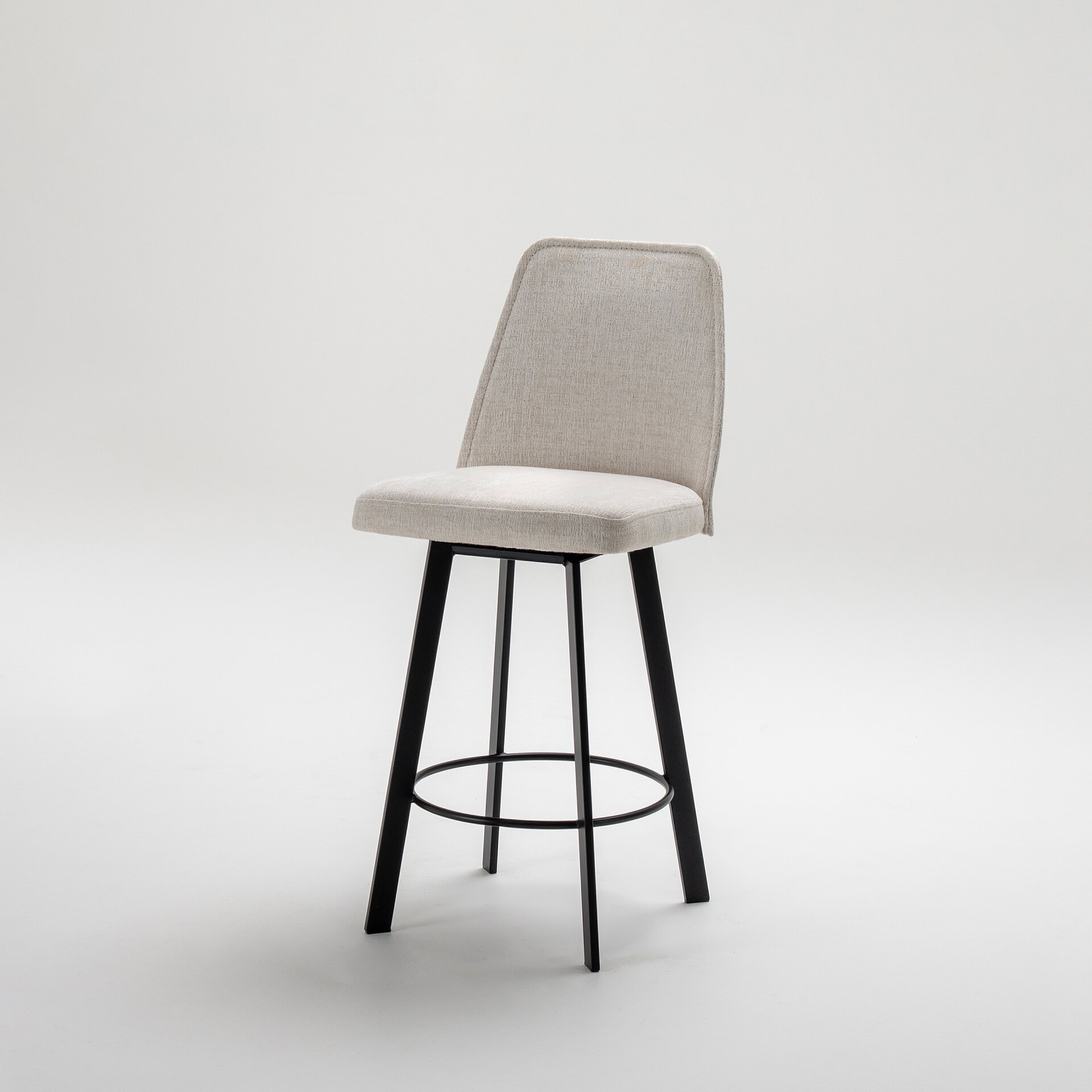 Sofia swivel bar and counter stool with upholstered seat and backrest, black metal legs.