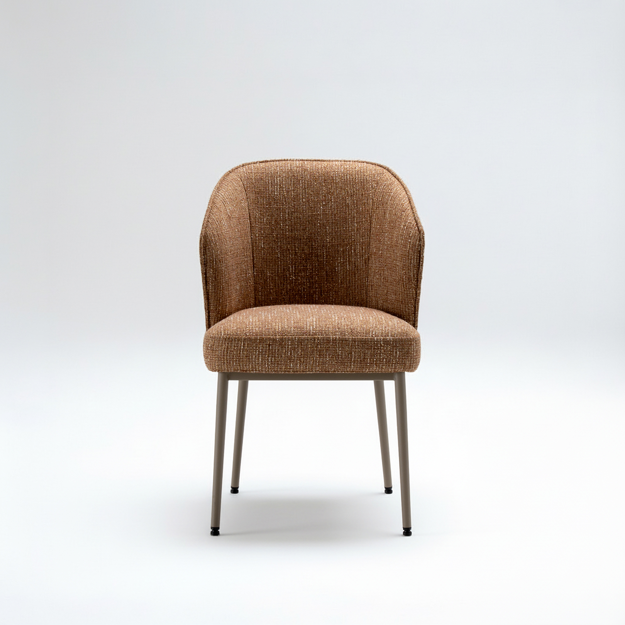 Front view of a modern chair with a curved, textured brown fabric backrest and seat, supported by four slender gray metal legs, against a white background.