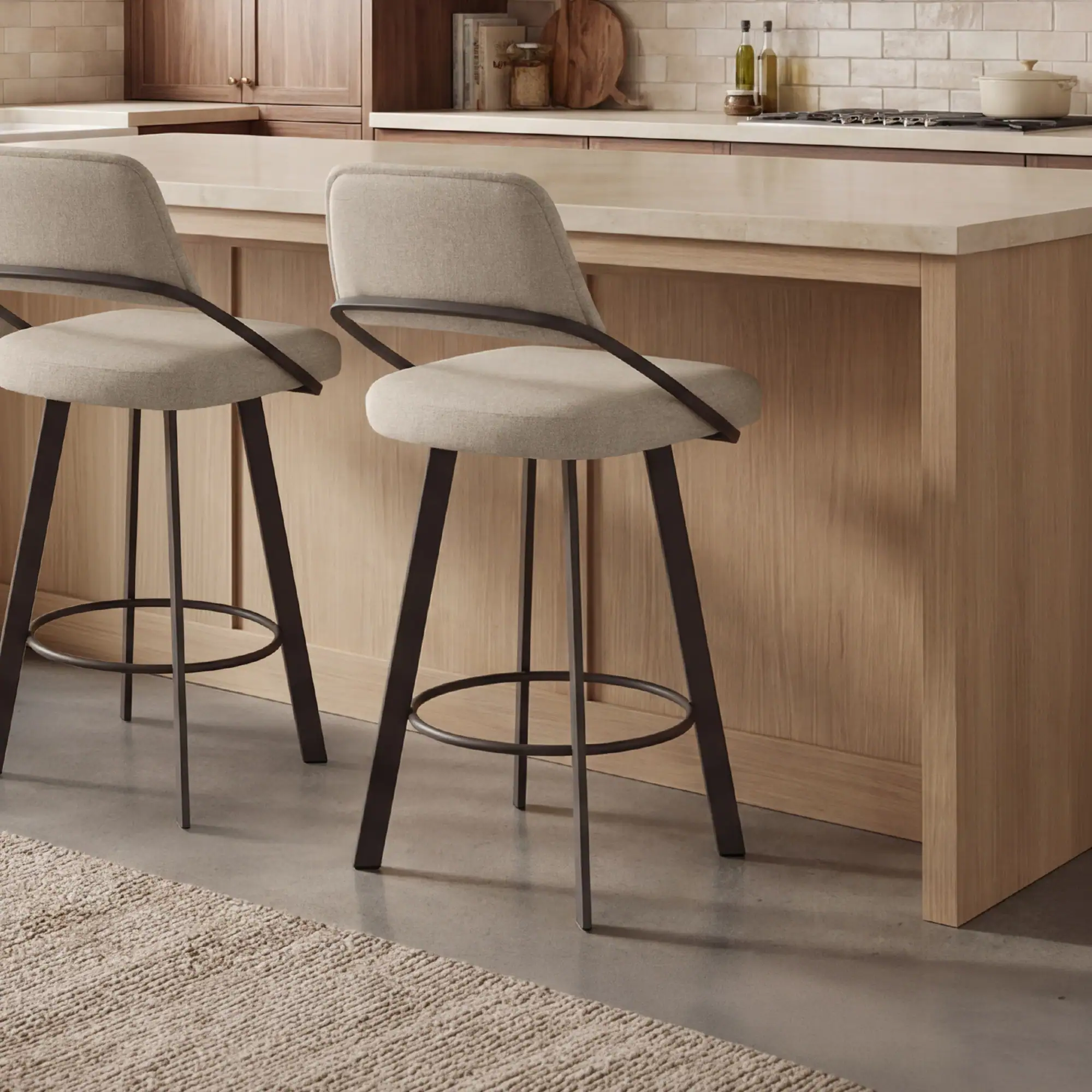 Wish Swivel Bar & Counter Stool with beige upholstery and black metal legs.