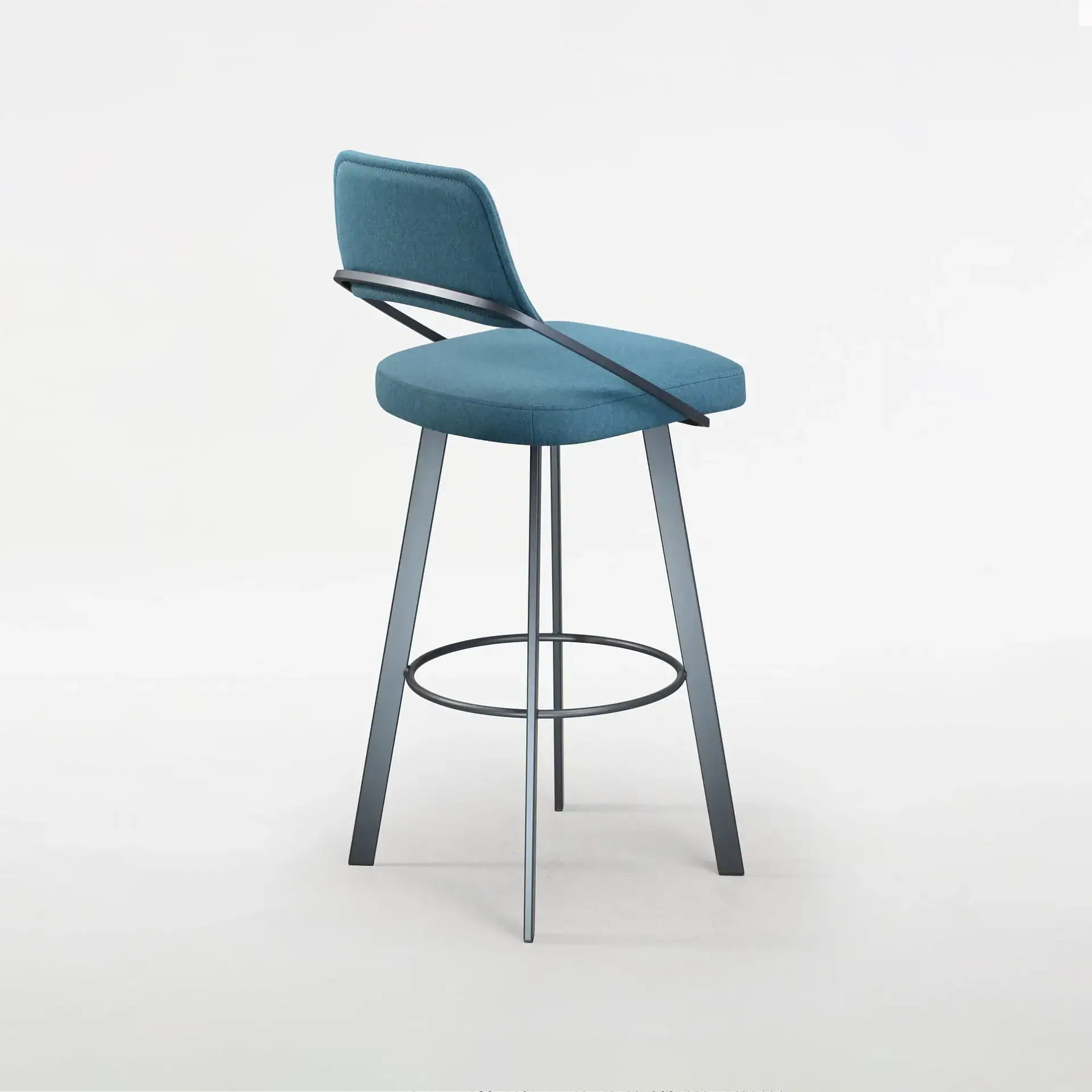 Sklar Furnishings swivel bar stool with blue upholstery and metal frame.