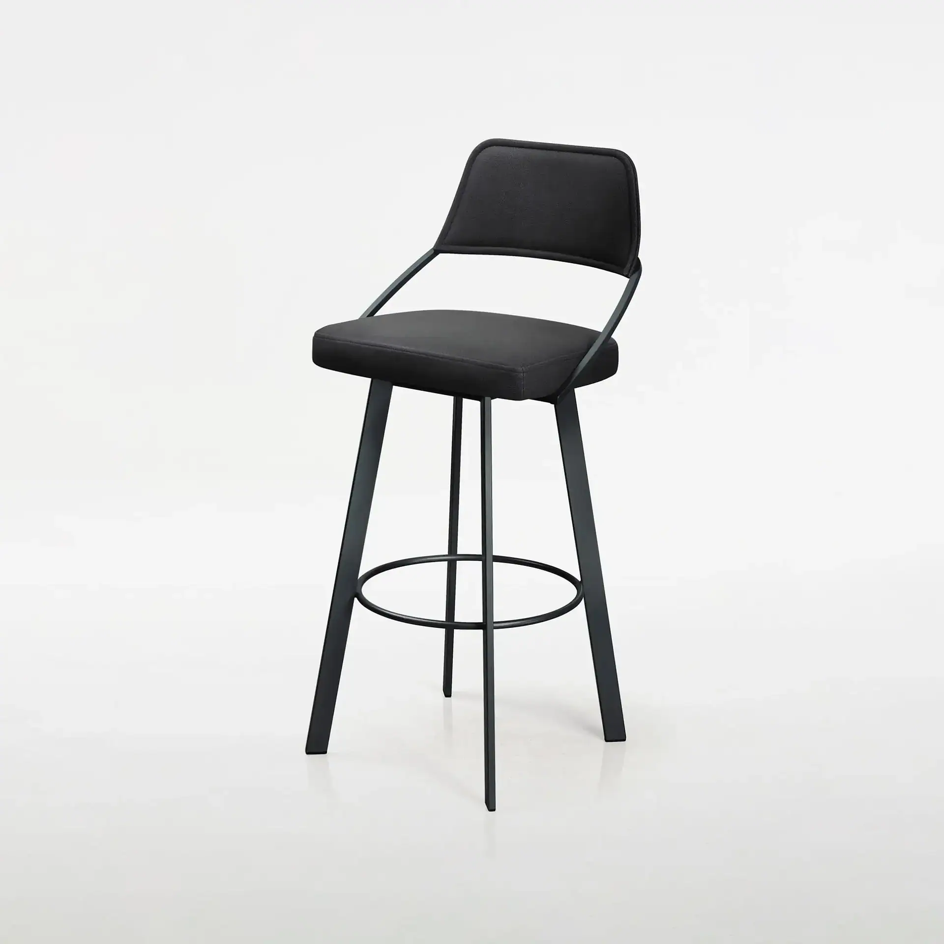 Sklar Furnishings bar and counter stool with black seat and backrest.